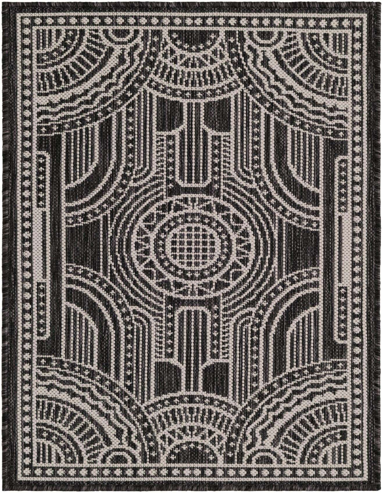 A 2x3 rectangular black and white contemporary rug with a medallion pattern, suitable for indoor or outdoor use.