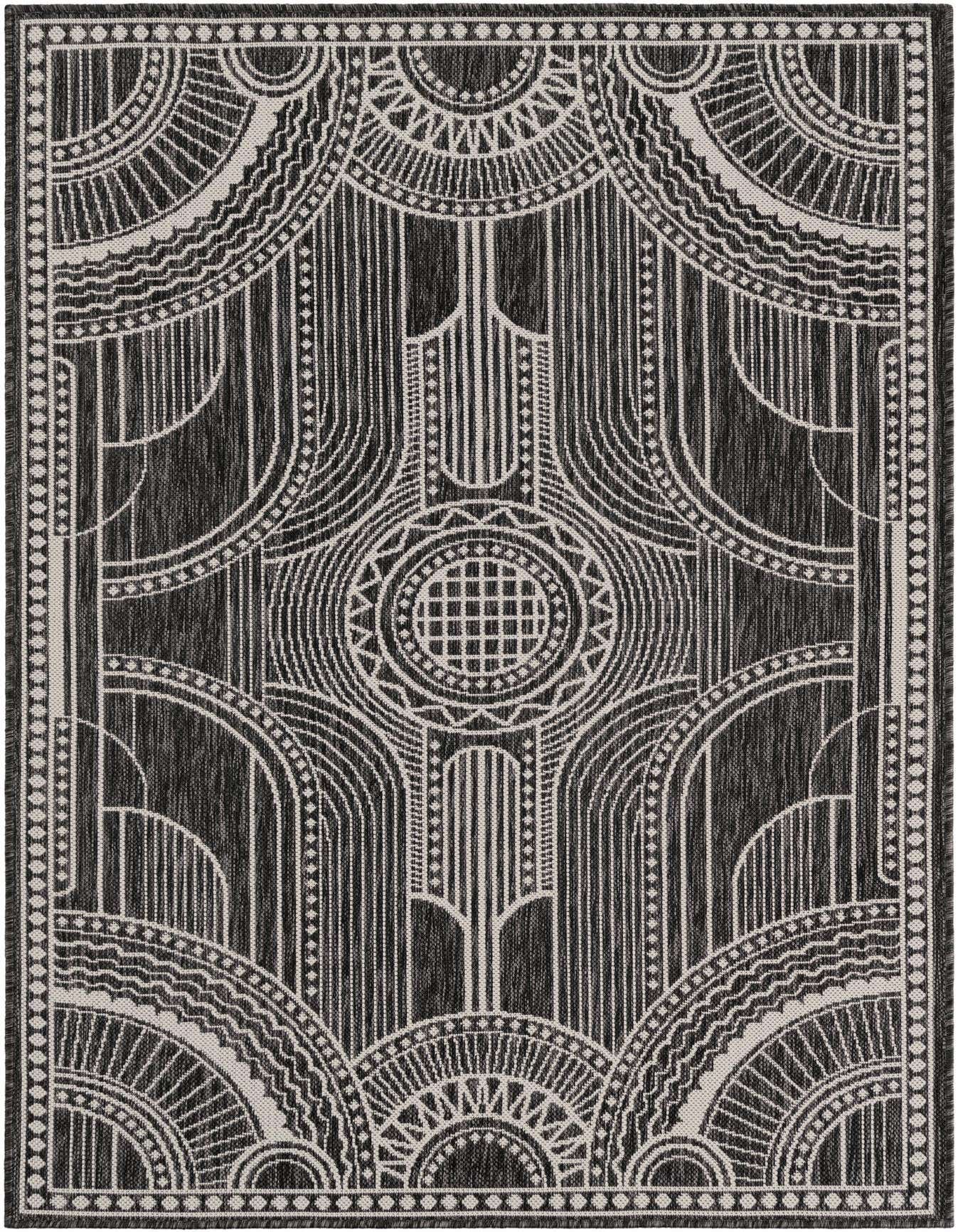 A 4x6 black and white rectangular outdoor rug featuring an intricate contemporary medallion pattern with geometric and arching designs.