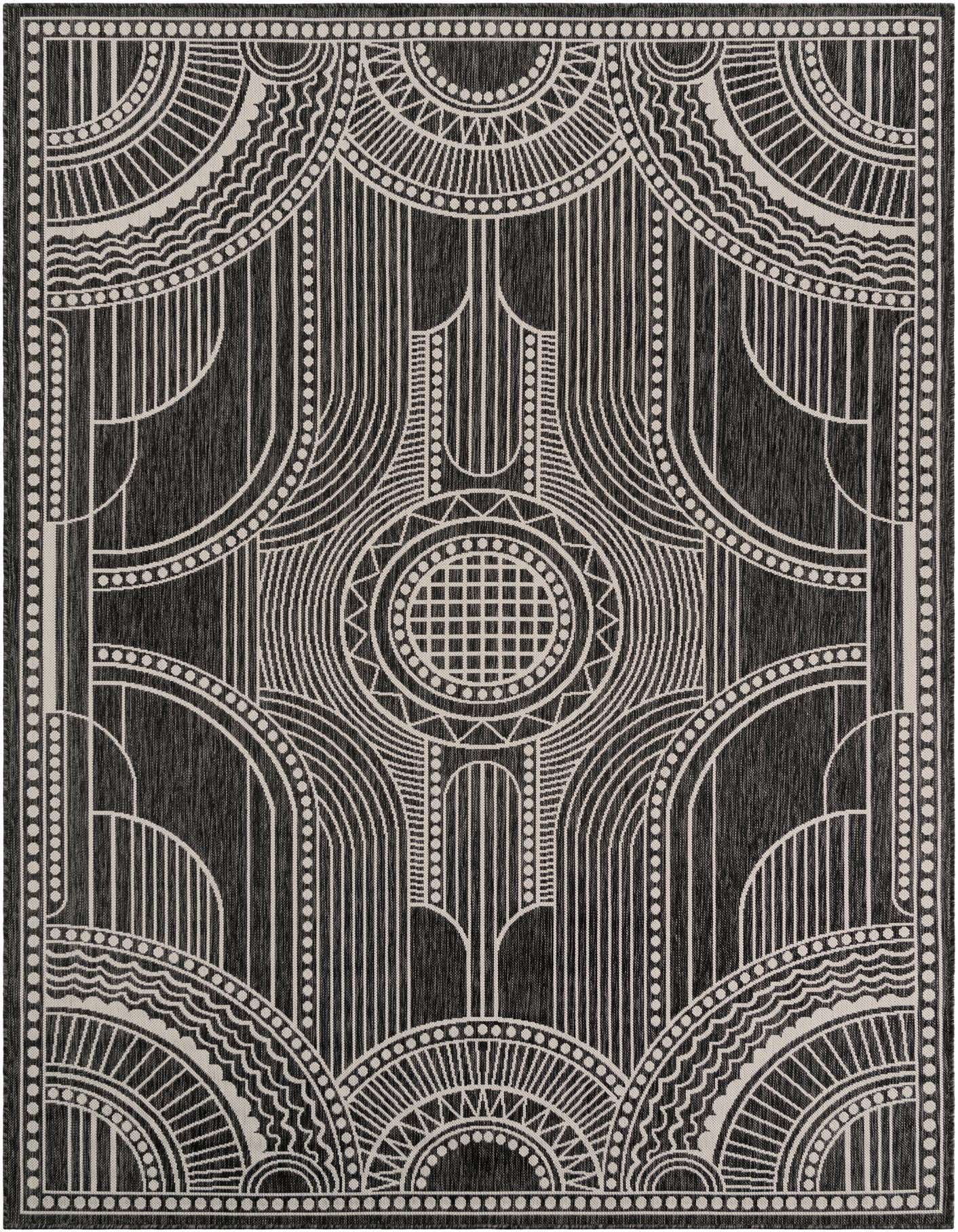 A 7x10 rectangular black and white rug with an intricate contemporary medallion pattern, suitable for indoor or outdoor use.