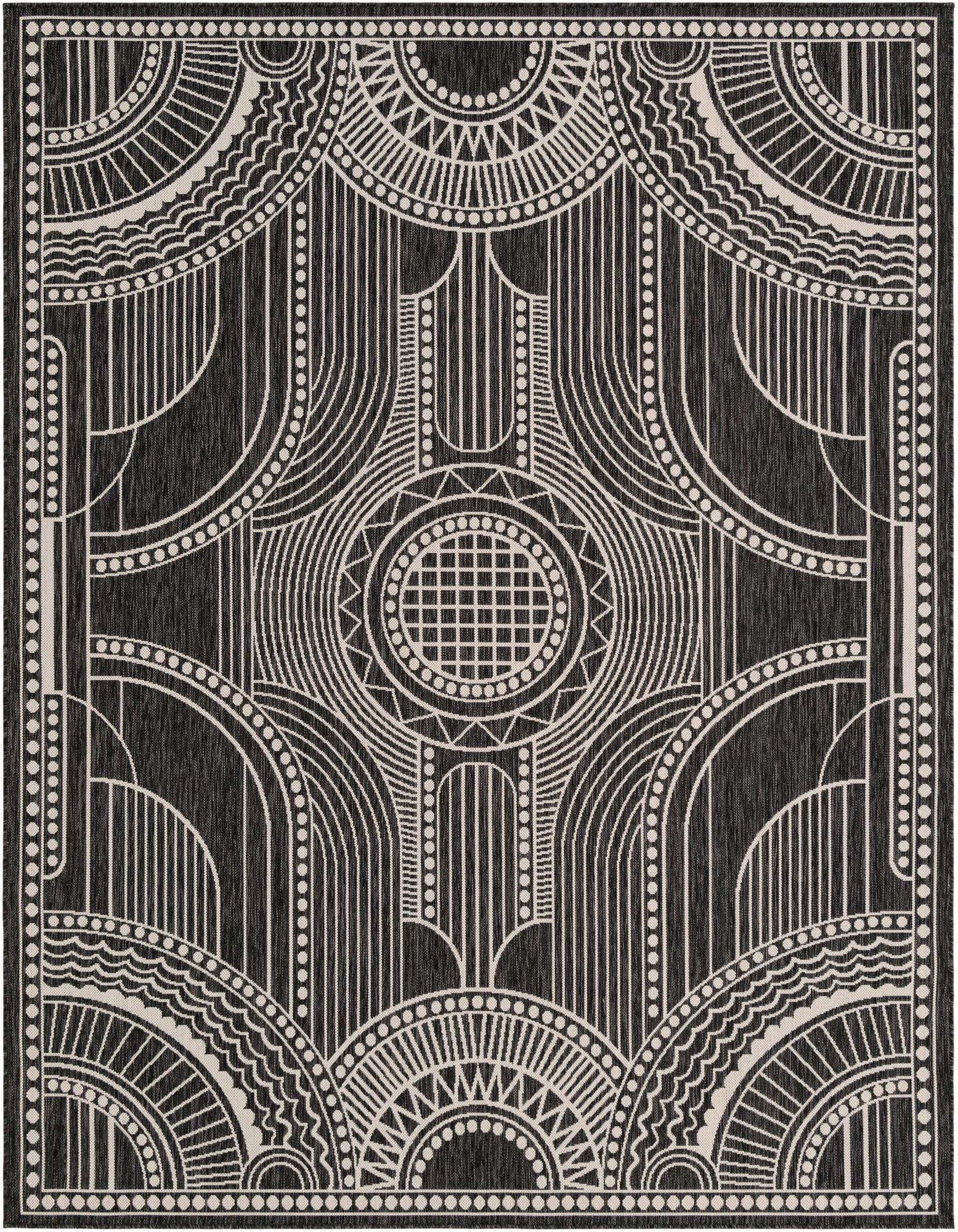 8x10 rectangular black and white contemporary rug with a medallion and geometric pattern, suitable for indoor or outdoor use.