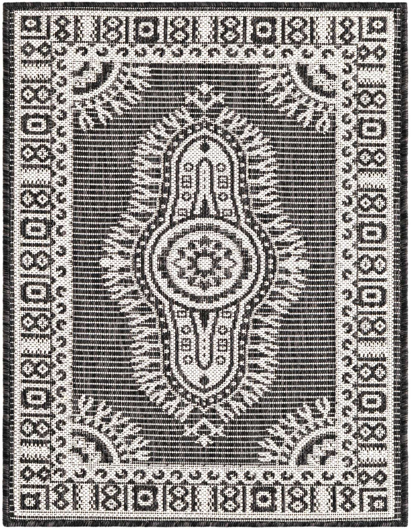 A 2x3 rectangular black and white flatweave rug with a traditional medallion pattern, ideal for indoor or outdoor use.