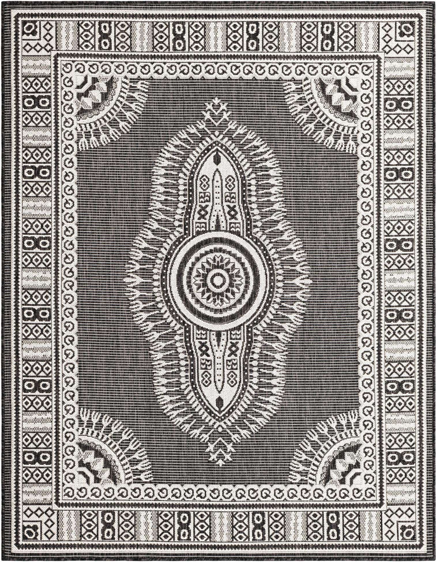 A 5x7 rectangular black and white outdoor rug with a central medallion and intricate traditional border.