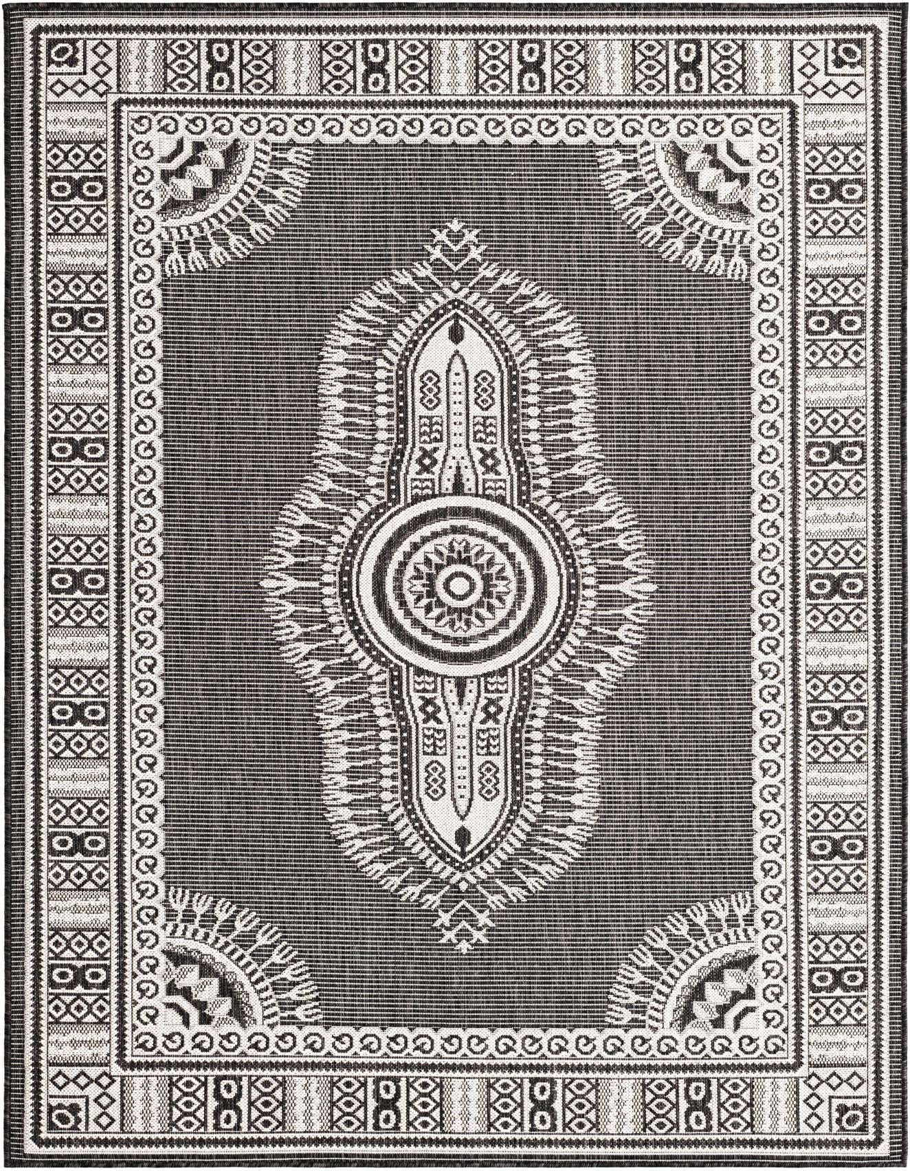 A 5x8 rectangular black and white outdoor rug featuring a traditional medallion pattern with intricate borders, suitable for a patio or living room.