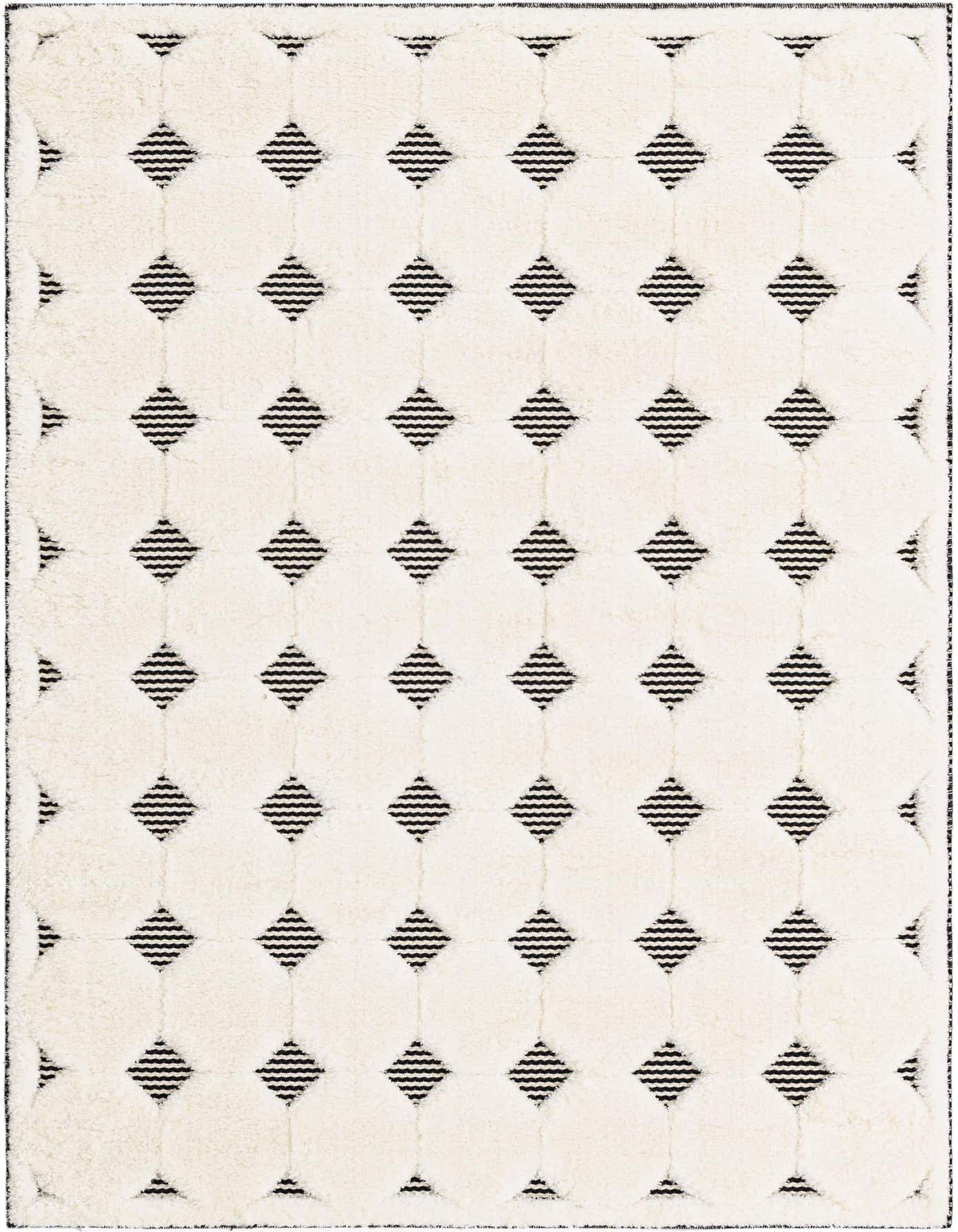 A 4x6 rectangular rug featuring a textured ivory background with a repeating pattern of black striped diamond shapes.