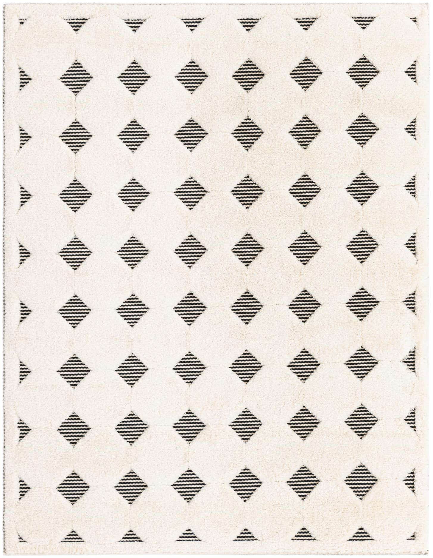 A 5x7 rectangular rug featuring a cream background with a repeating pattern of black striped diamond shapes.