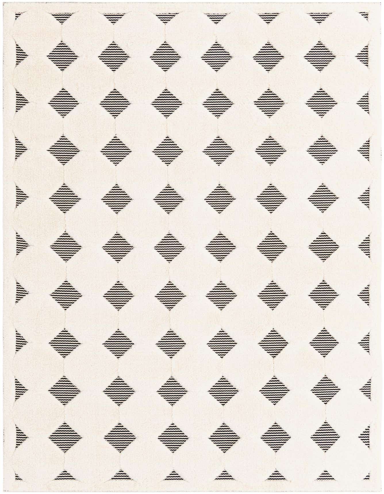 A 6x9 rectangular area rug featuring a repeating pattern of black horizontal wavy lines forming diamonds on a cream background.