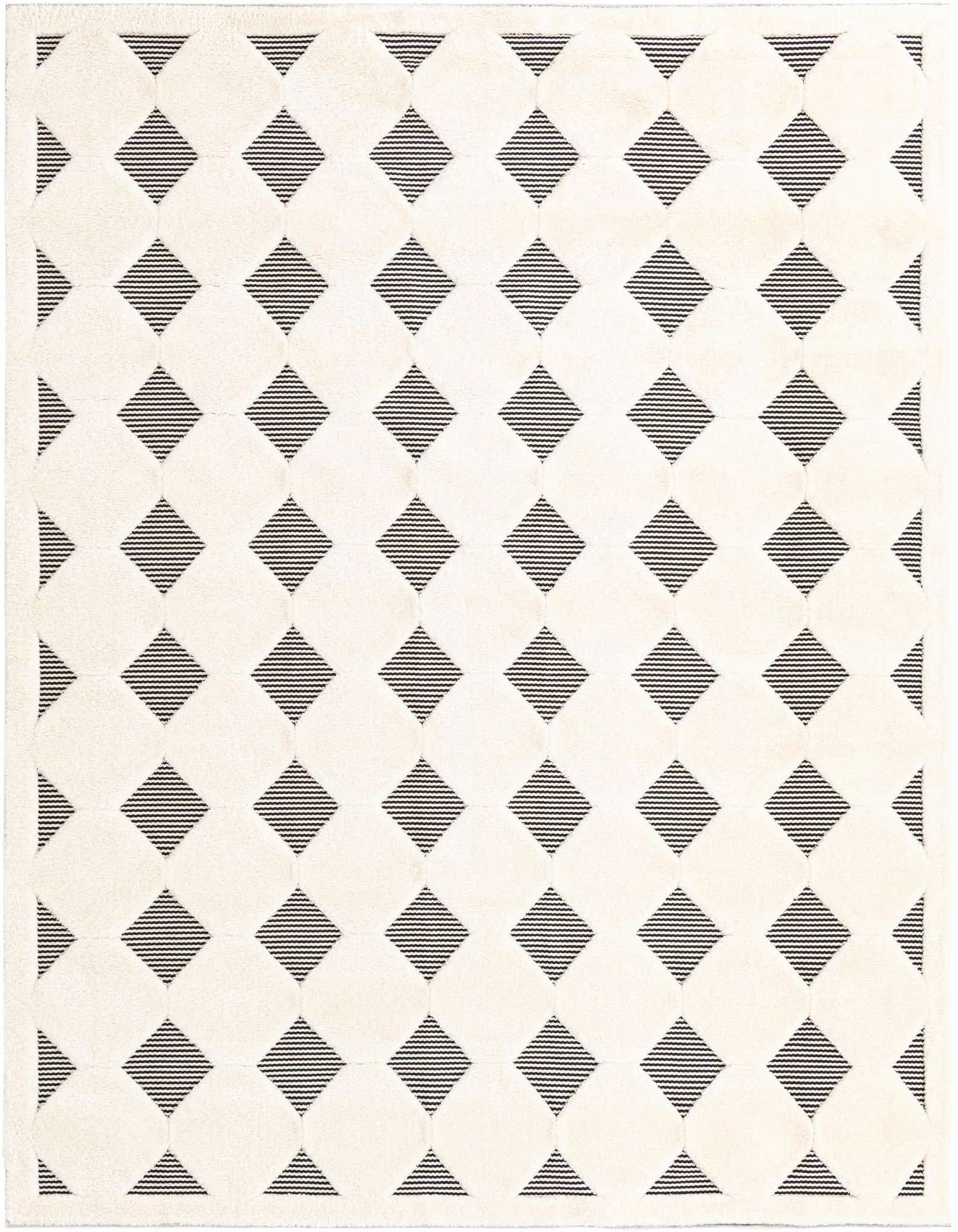 A rectangular 8x10 black and white area rug with a repeating diamond pattern, ideal for a modern living room.
