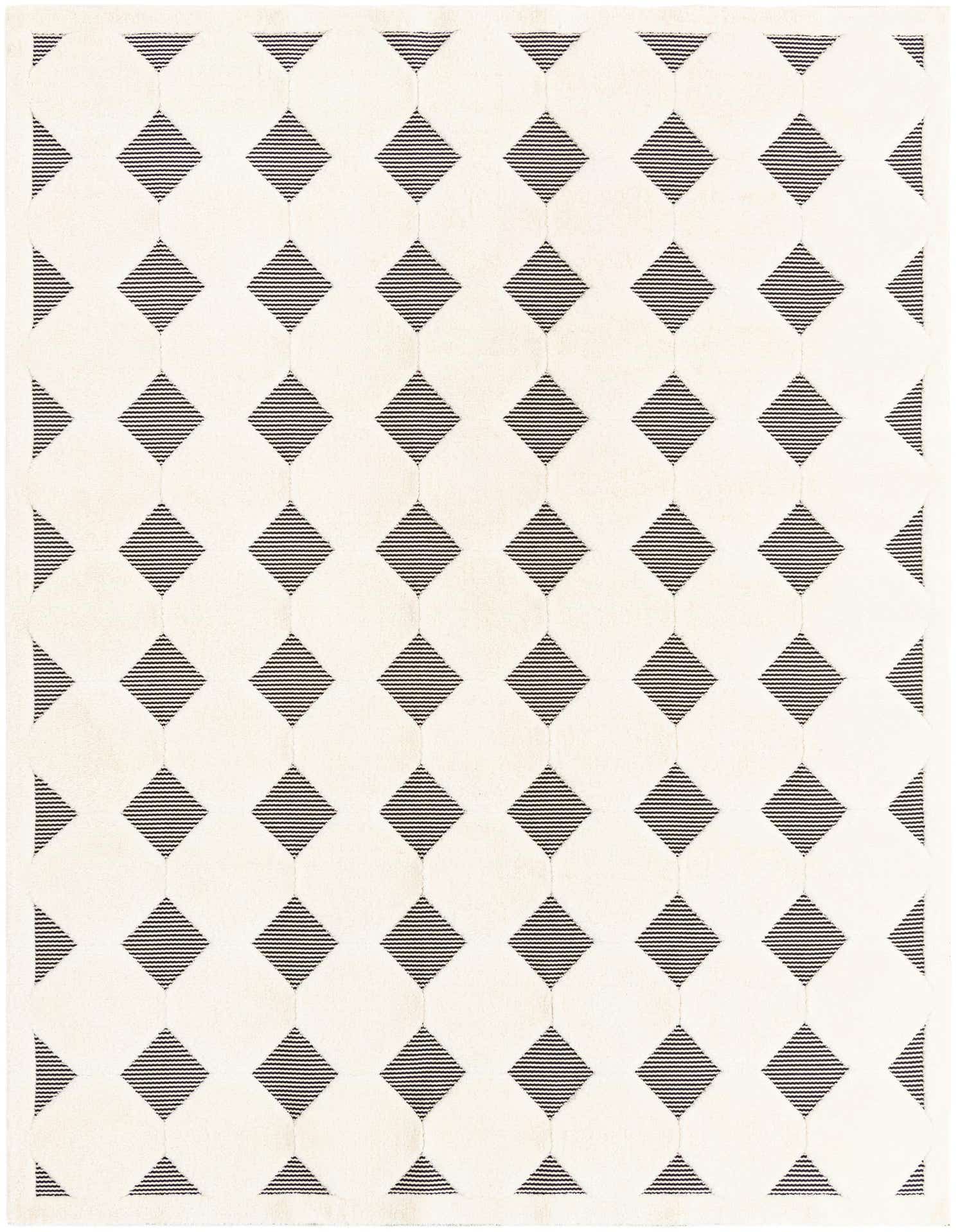 A 9x12 rectangular rug featuring a bold black and white geometric pattern of striped diamonds on a cream background.