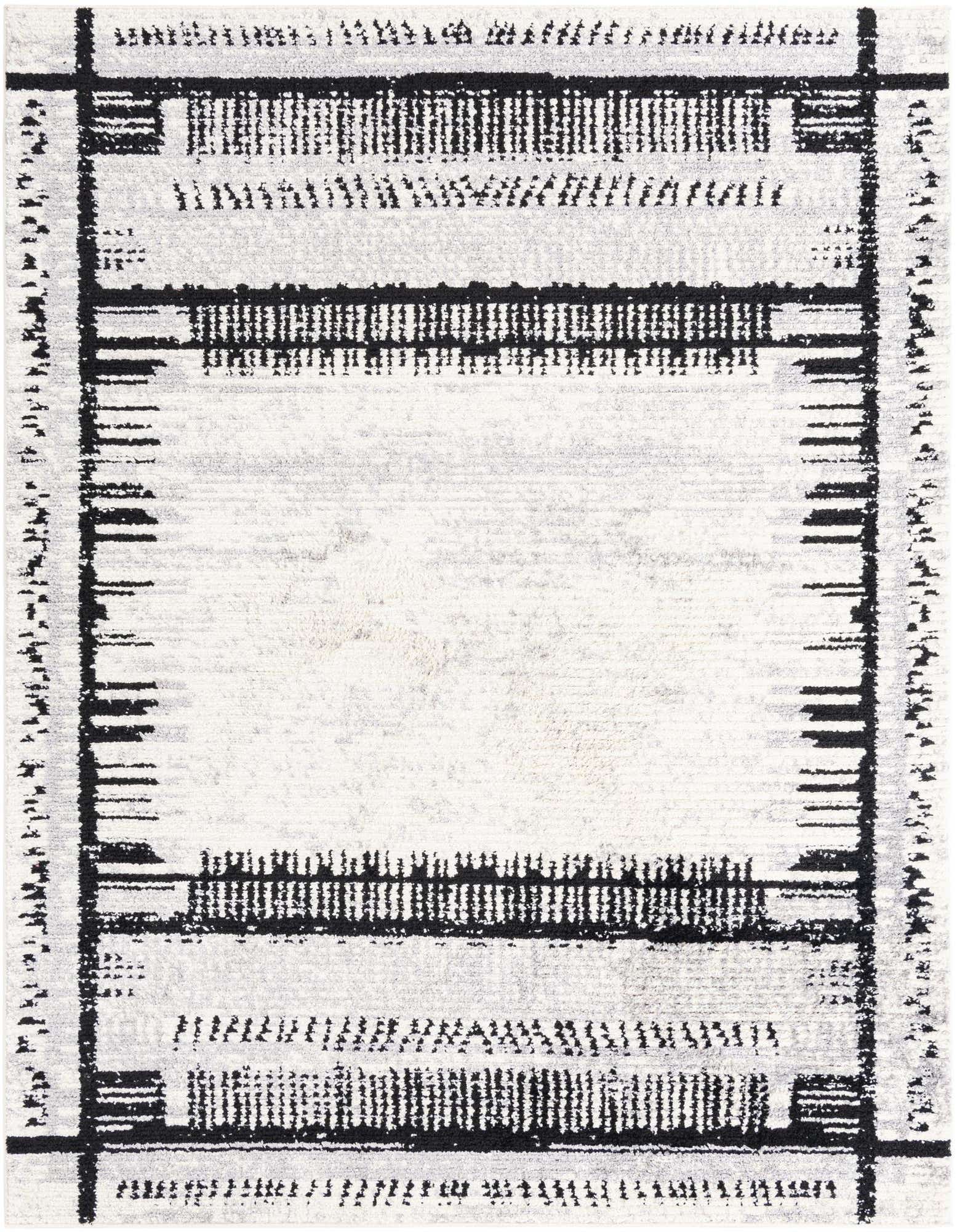 An 8x10 rectangular modern abstract rug with a textured black and white pattern, featuring bold black lines and dashes forming a border and horizontal stripes on a cream background.