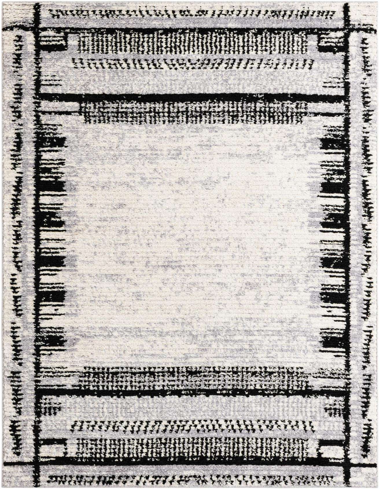 A 5x8 rectangular Tagine rug with a modern abstract black and white pattern, featuring a textured pile.