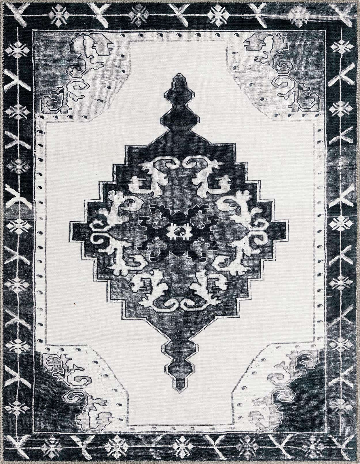 A 3x5 rectangular black and white Oriental rug with a central medallion and ornate border, perfect for an indoor living space.