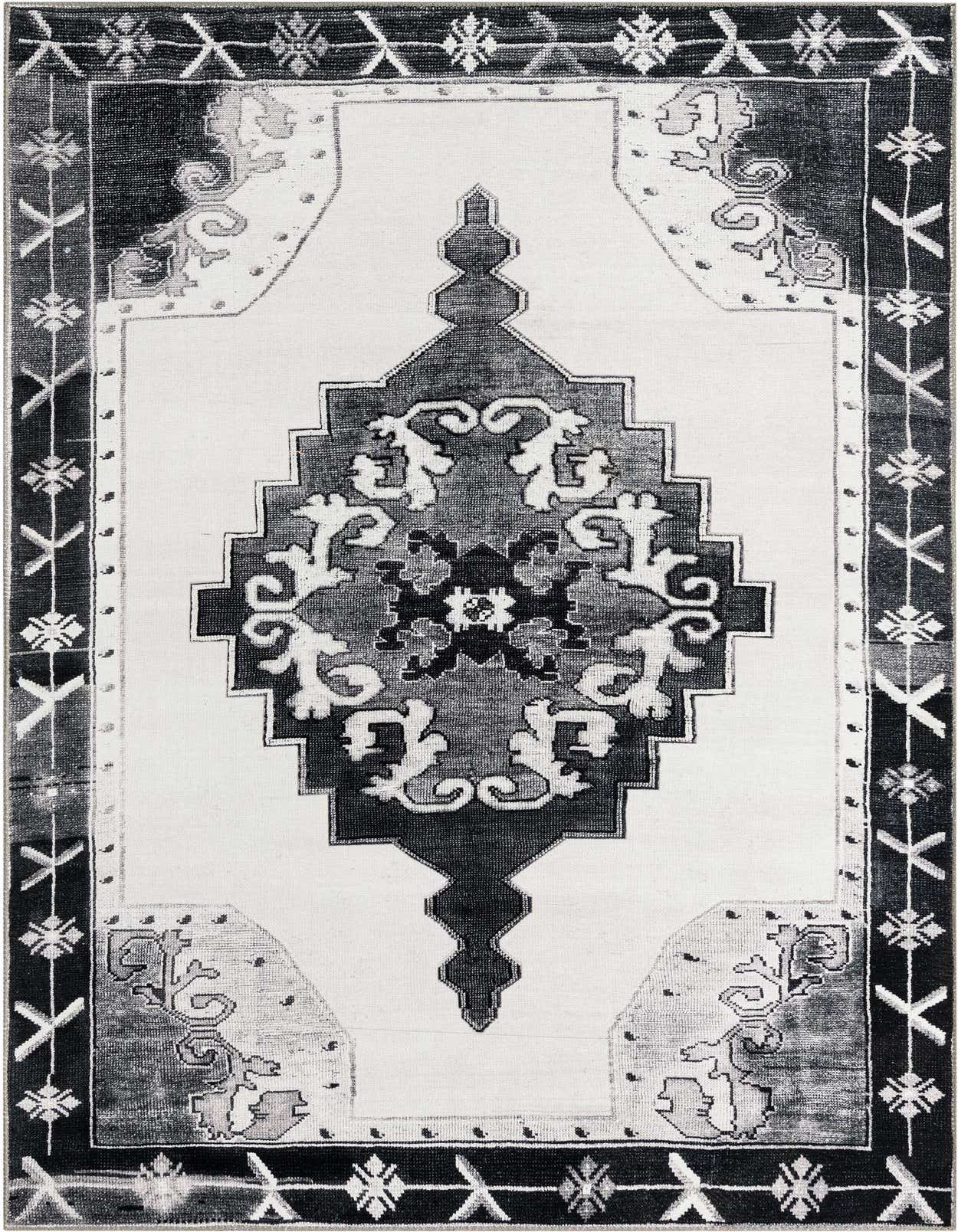 A 5x8 rectangular black and white Oriental rug with a central medallion and decorative border, perfect for a living room.