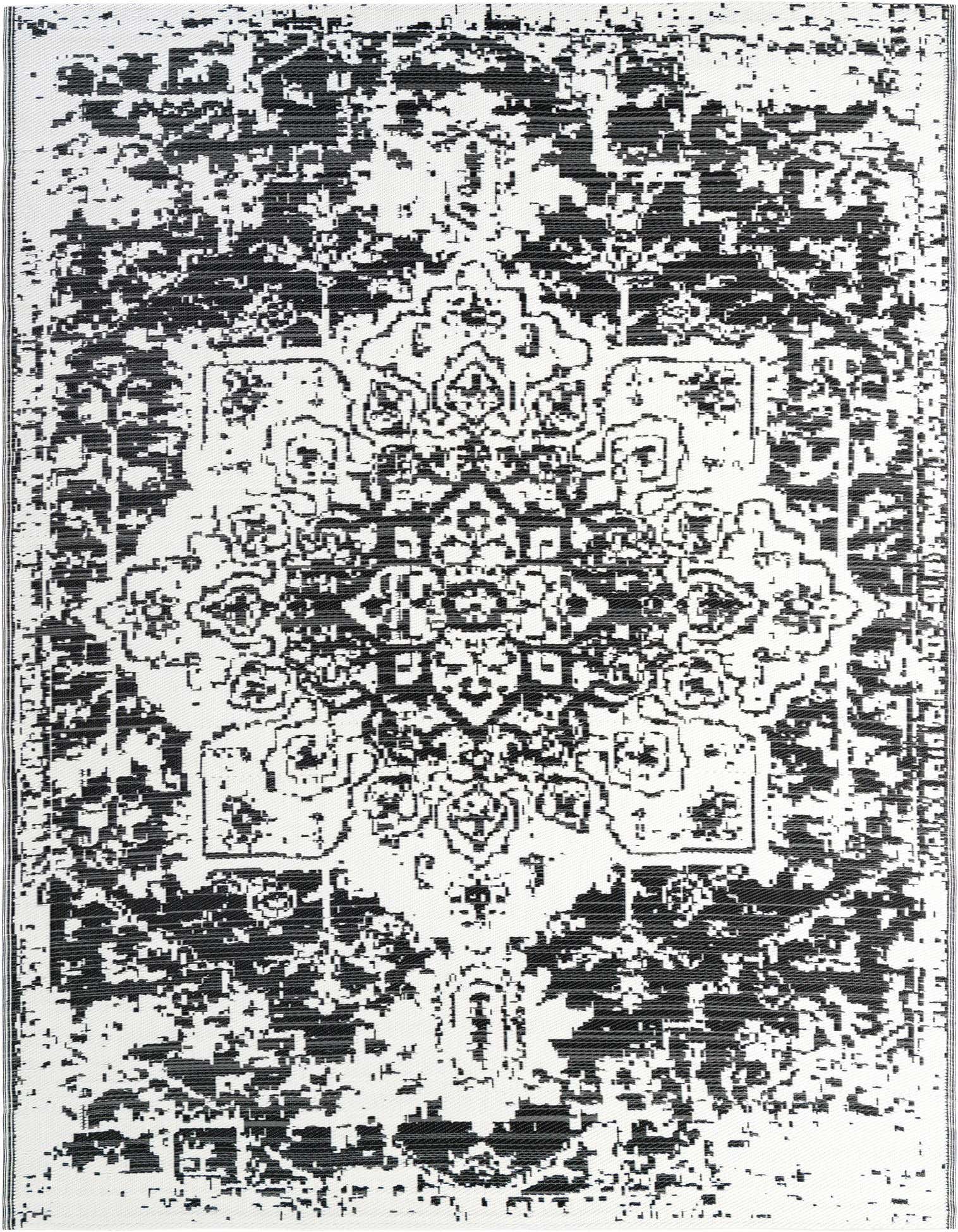 A rectangular 8x10 black and white modern area rug with a distressed medallion pattern, suitable for indoor or outdoor use.