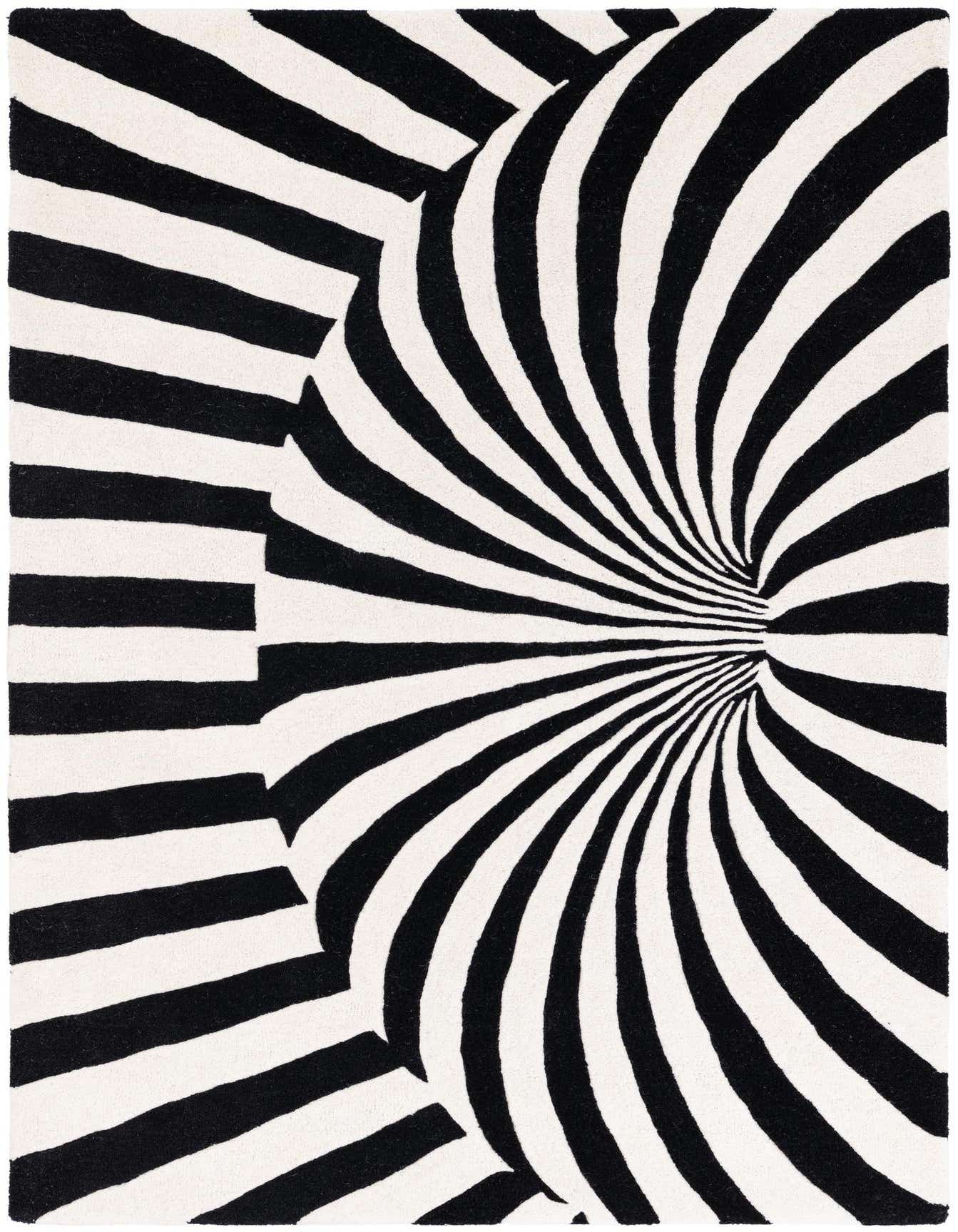 A 4x6 rectangular black and white modern wool rug with an optical illusion vortex pattern, ideal for a living room.
