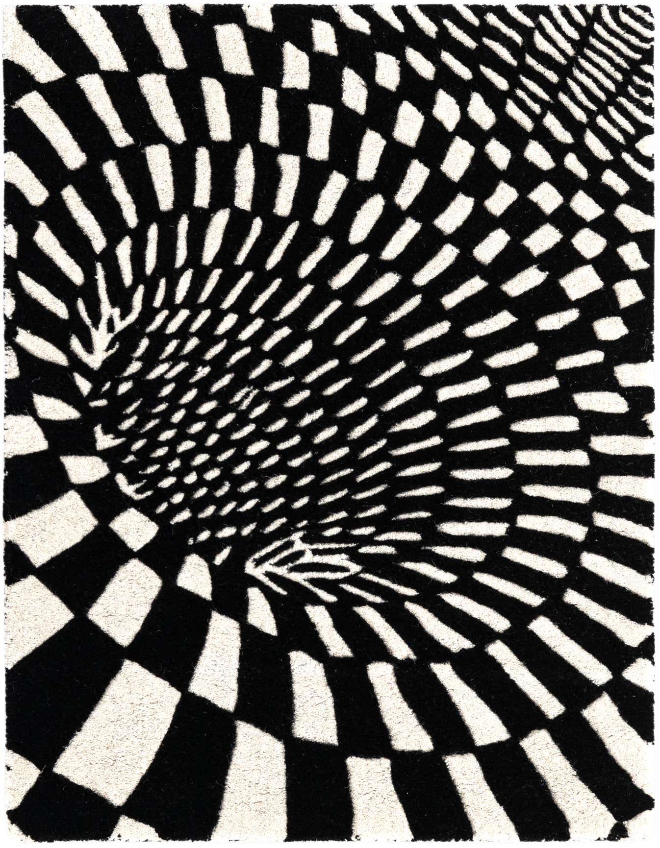 A 2x3 rectangular Rugs.com Vortex Wool rug with a striking black and white optical illusion pattern, featuring a swirling vortex design.