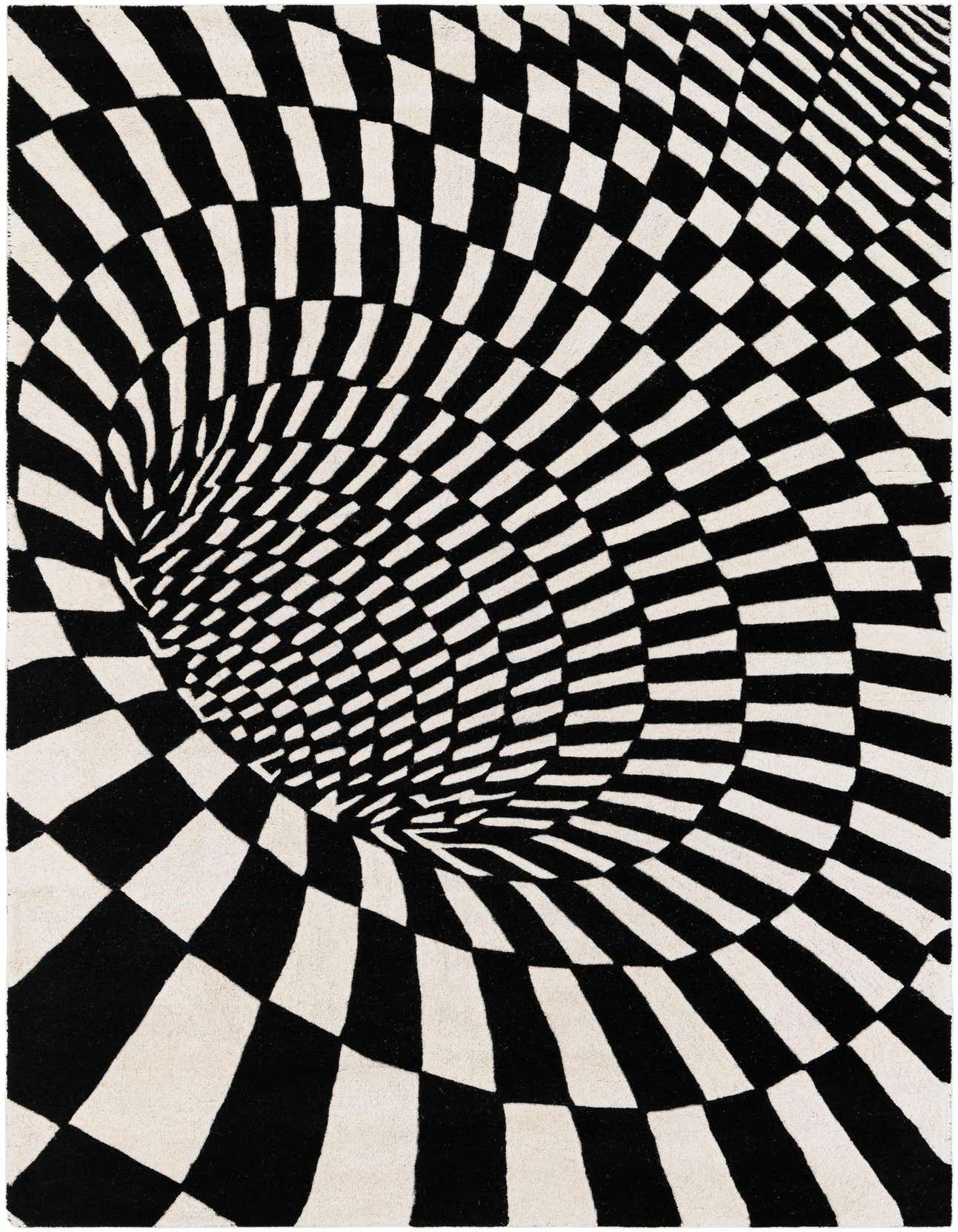 A 5x8 rectangular black and white wool rug with a mesmerizing optical illusion vortex pattern, ideal for a modern living room or office.
