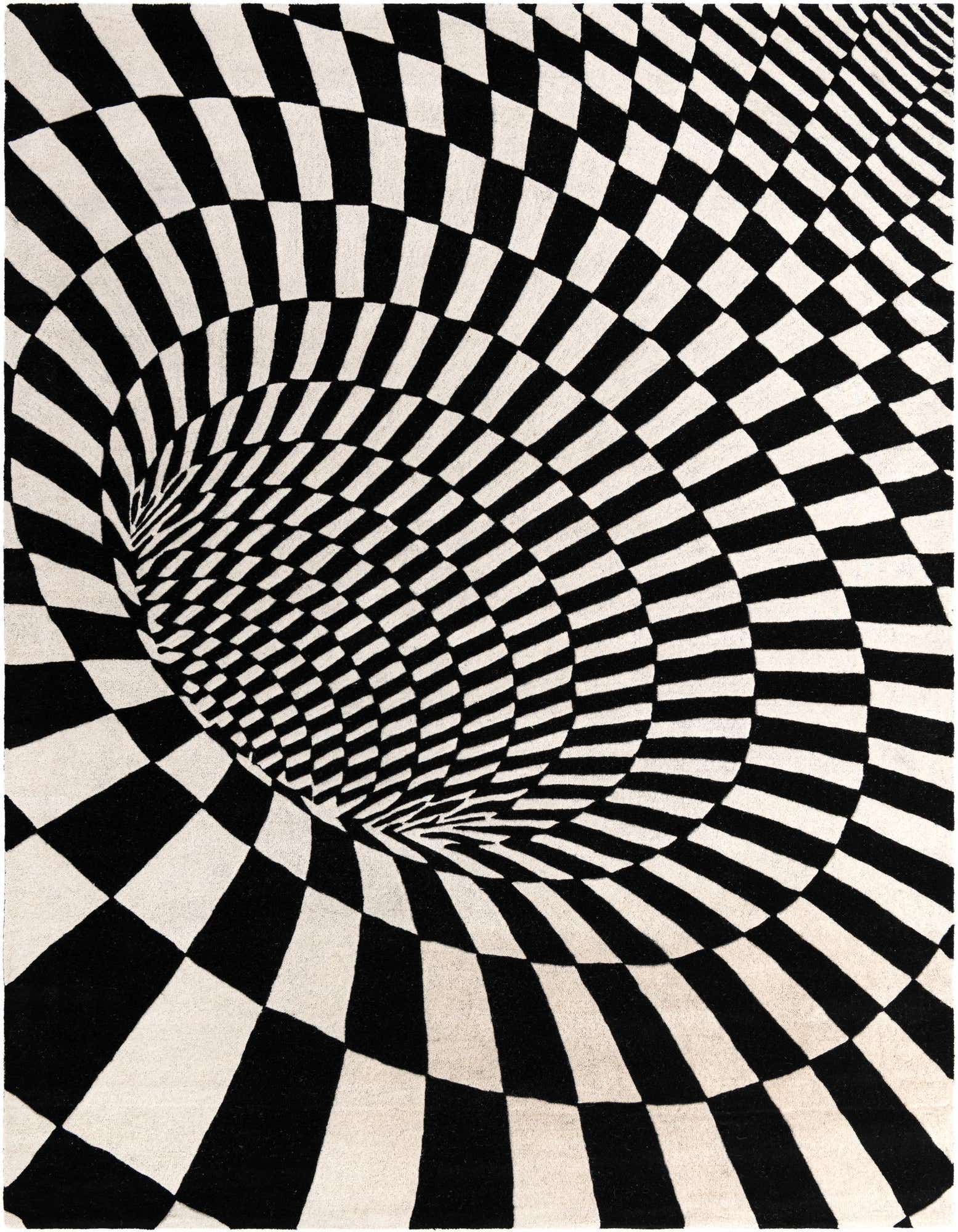 A rectangular 8x10 black and white rug with an optical illusion vortex pattern, creating a 3D tunnel effect.