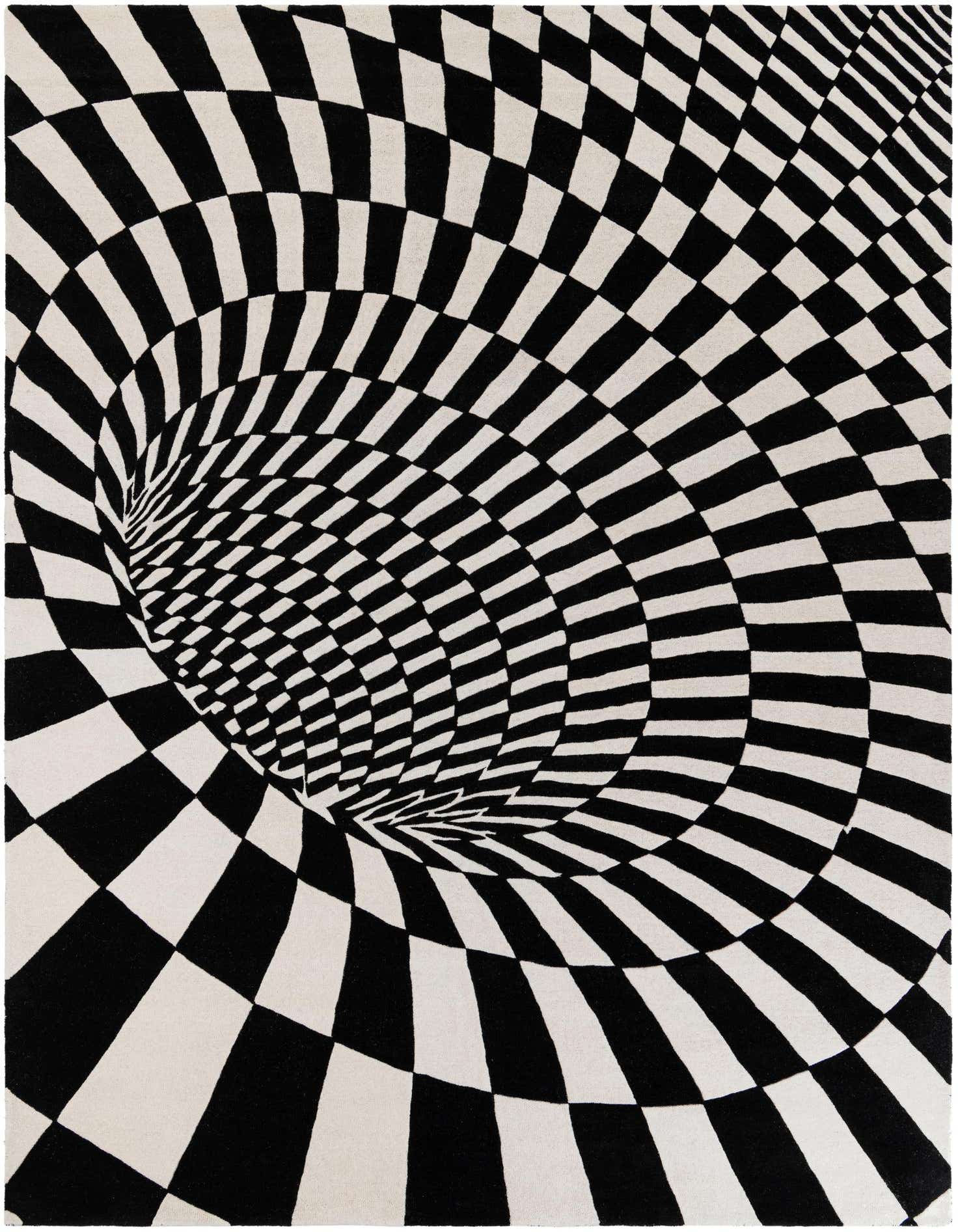 A 9x12 rectangular black and white wool rug featuring an optical illusion of a swirling vortex, creating a mesmerizing 3D effect.