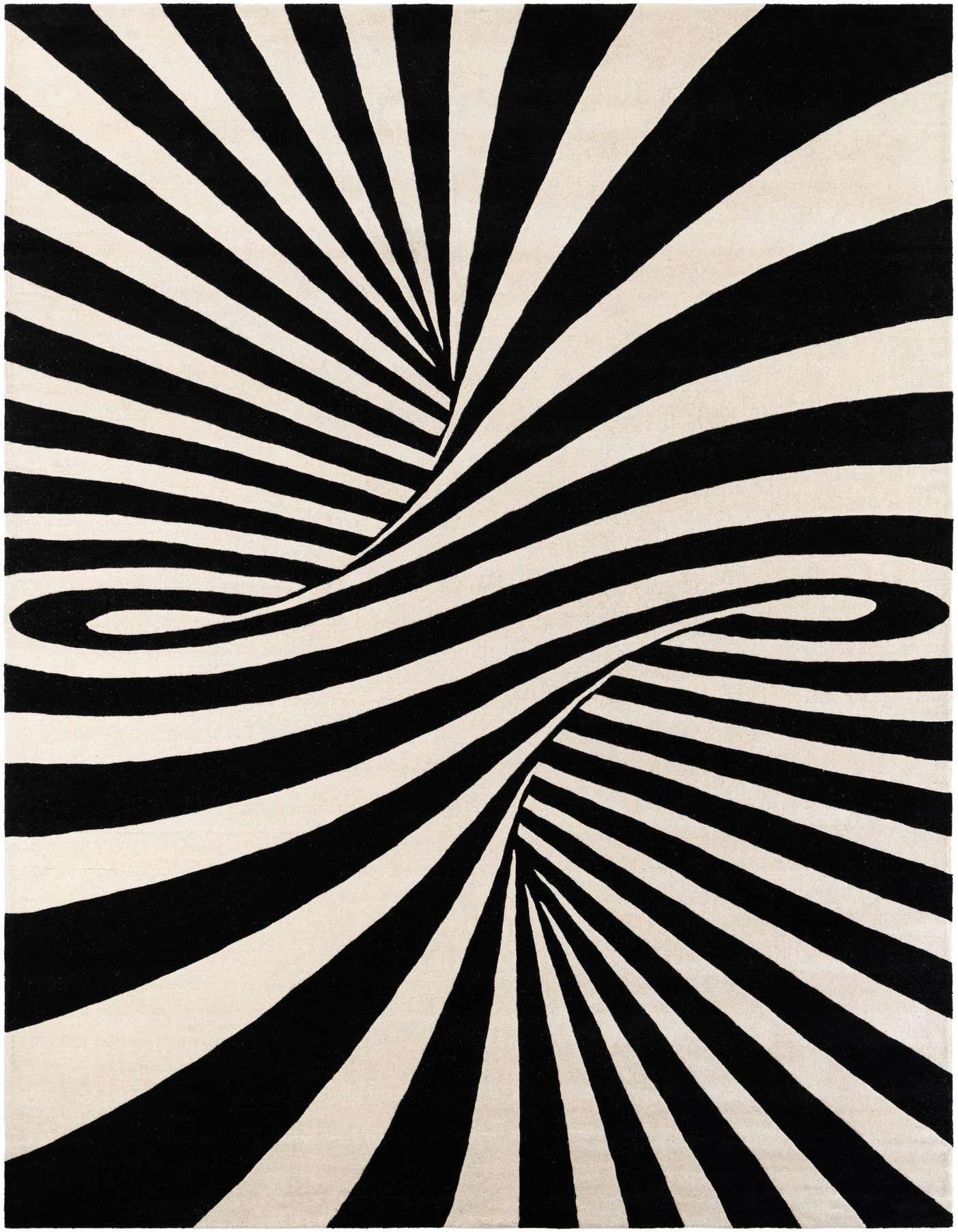 A 10x14 rectangular black and white rug with a bold, modern optical illusion vortex pattern, ideal for an indoor living space.