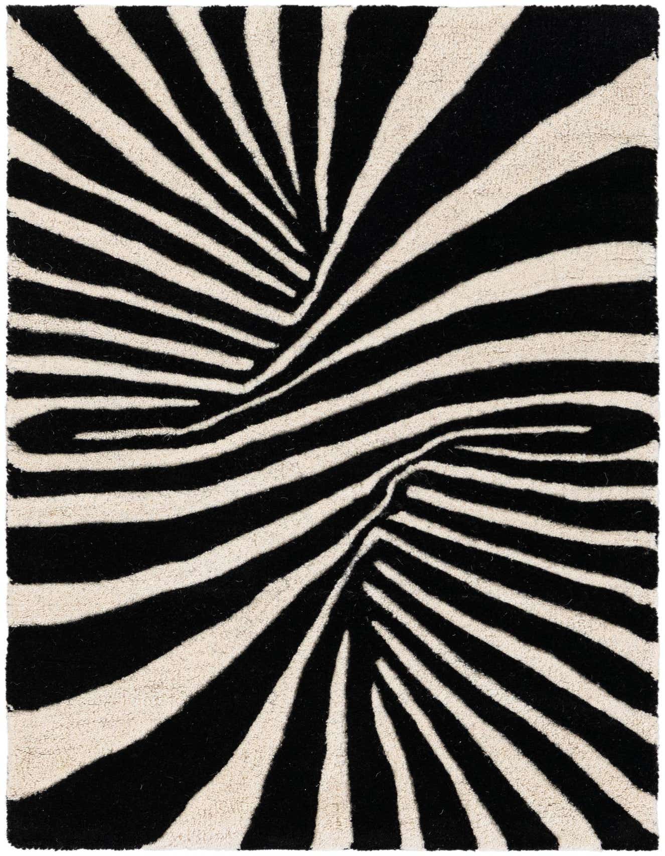 A 2x3 rectangular Rugs.com Vortex Wool rug featuring a striking black and white abstract swirl pattern, creating a dynamic optical illusion.