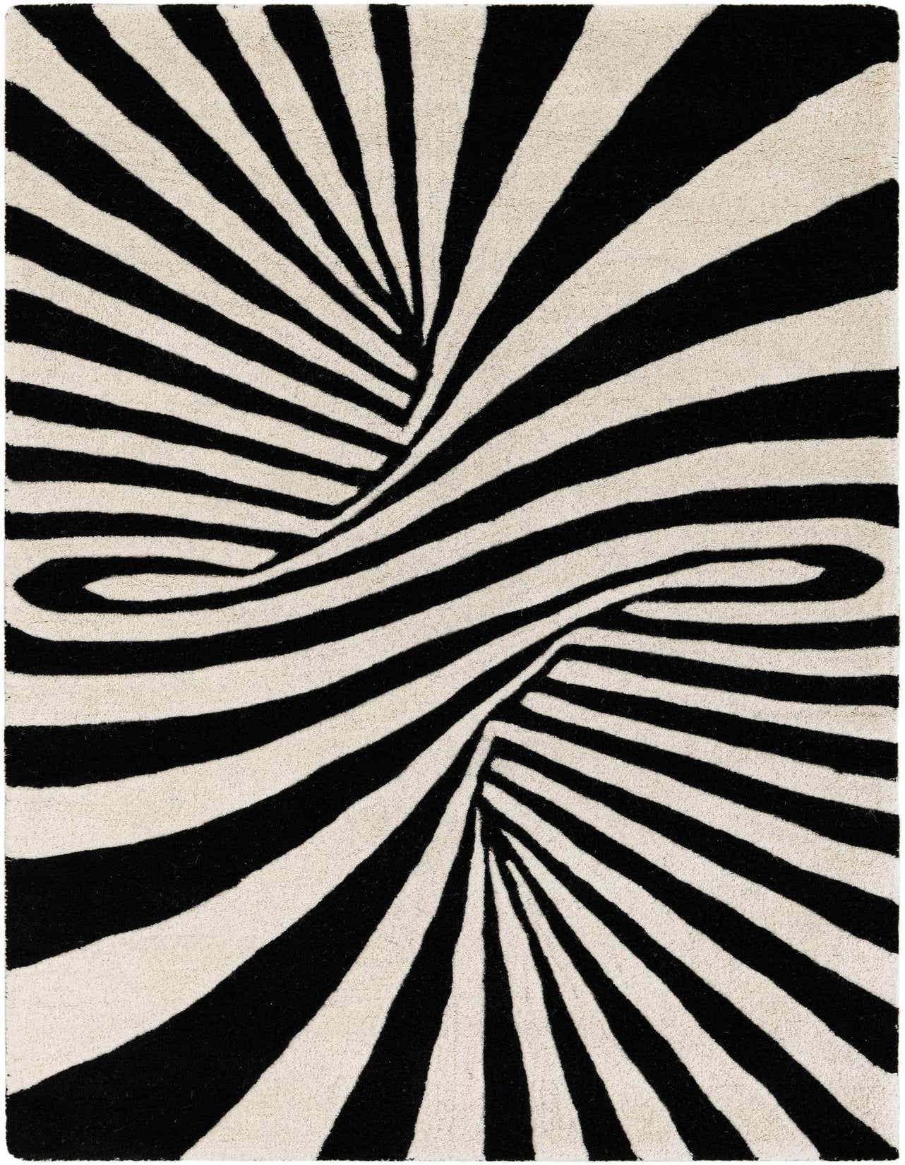A 3x5 rectangular black and white modern wool rug with a swirling optical illusion pattern, creating a vortex effect.