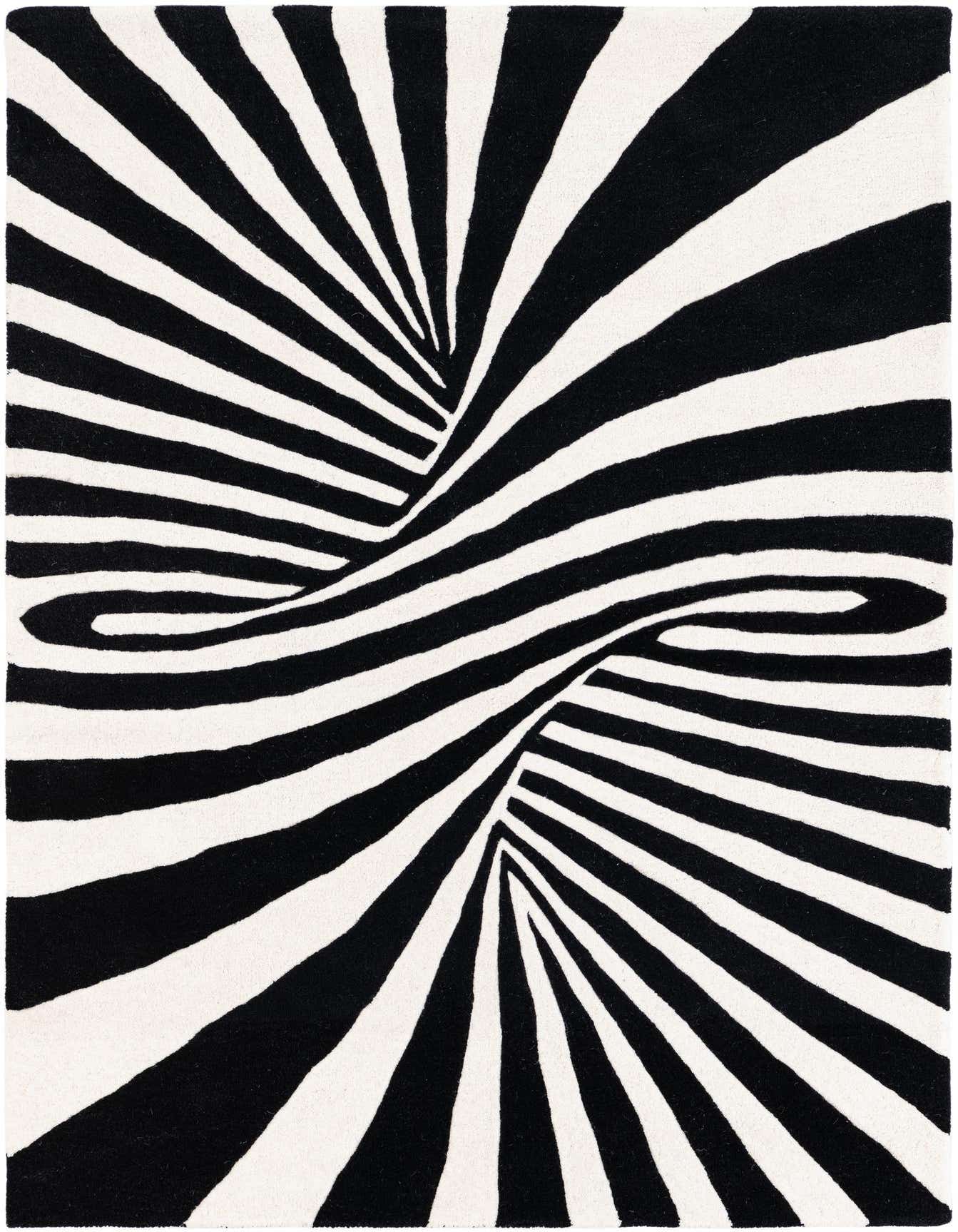 A 4x6 rectangular black and white modern wool rug with a mesmerizing optical illusion vortex pattern.
