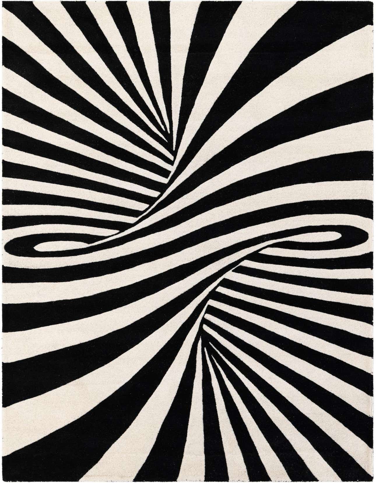 A 5x8 rectangular black and white modern rug with an optical illusion vortex pattern, ideal for a living room.