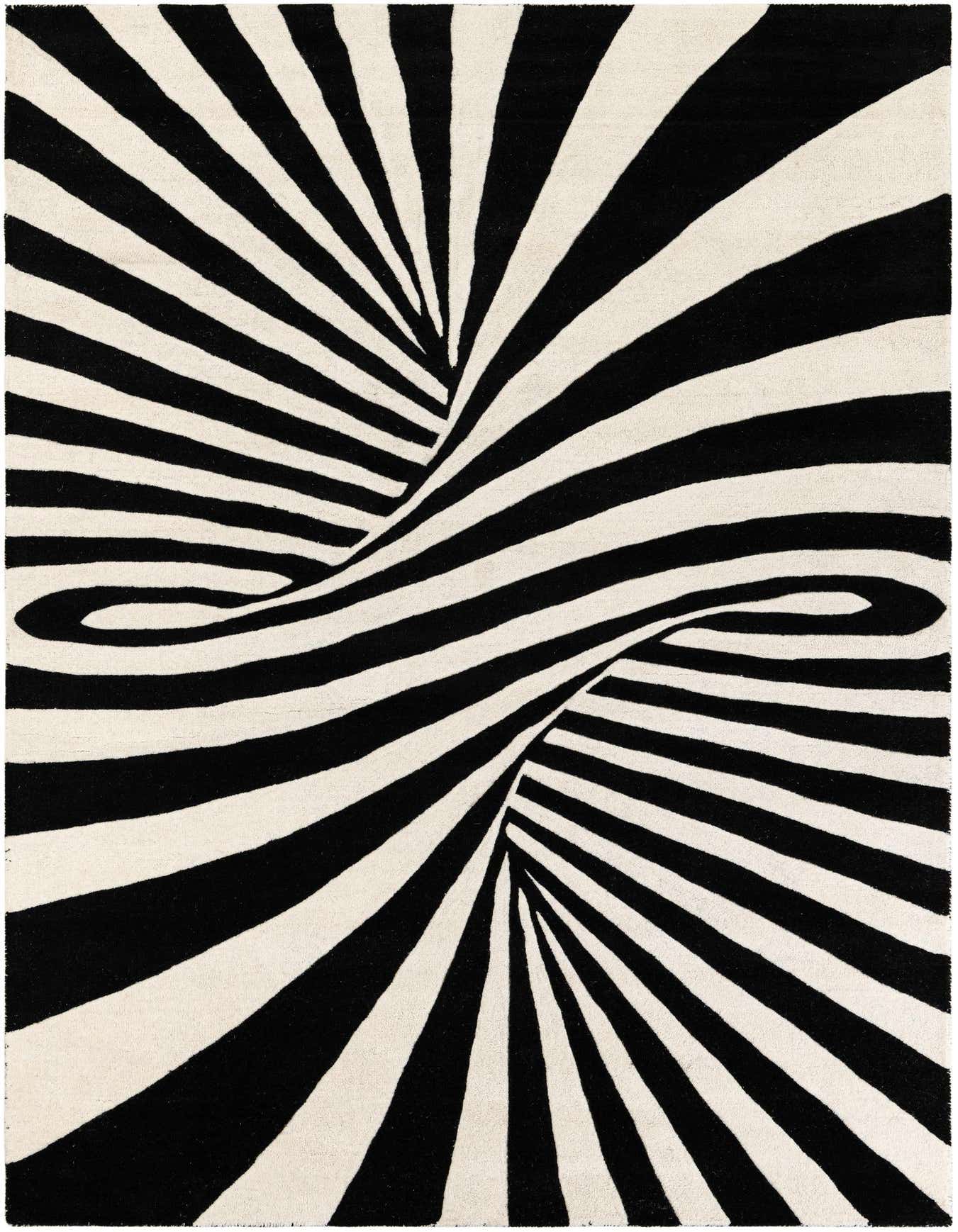 A 6x9 rectangular wool rug featuring a bold black and white optical illusion vortex pattern.