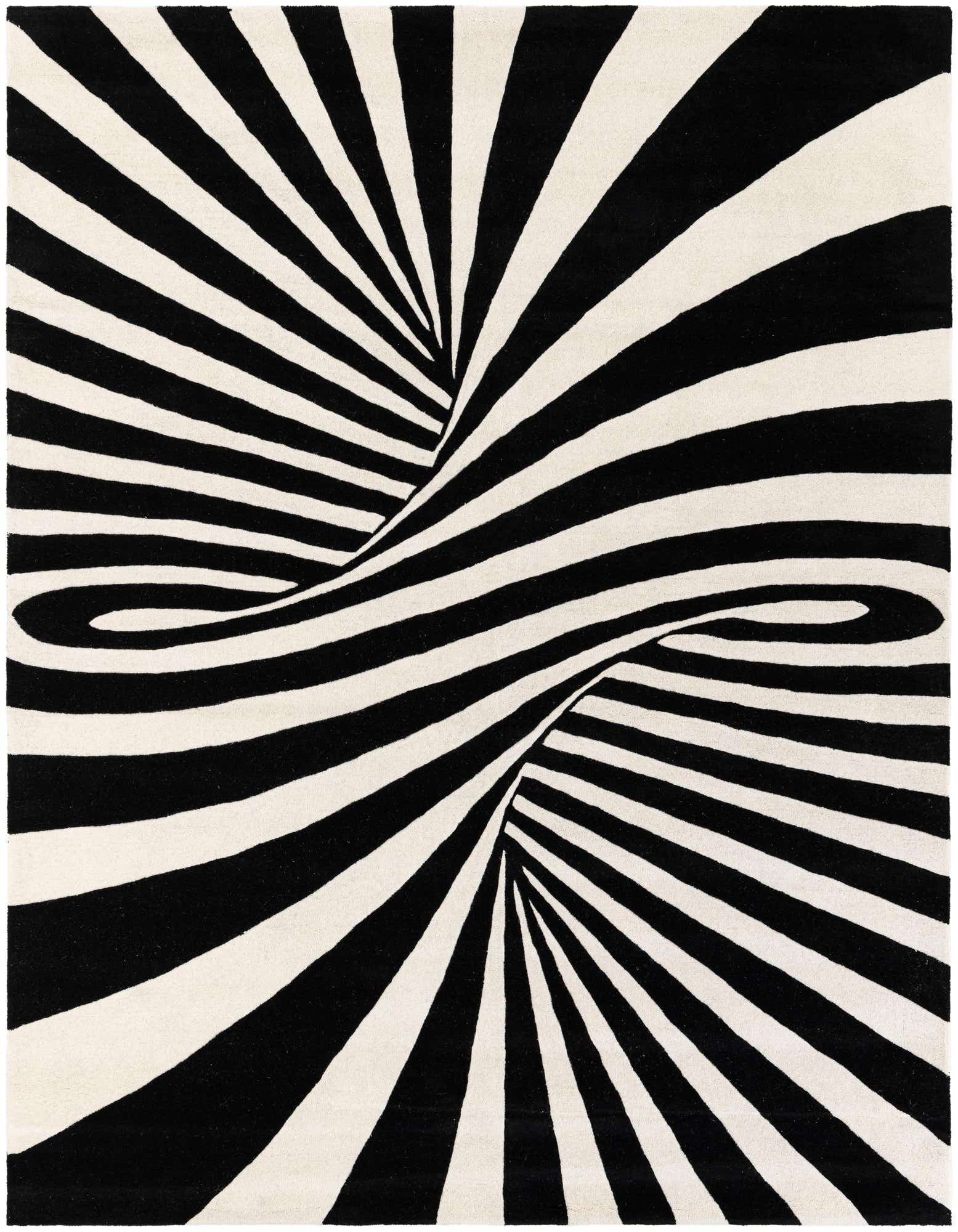 A rectangular 8x10 black and white modern wool rug with an optical illusion vortex pattern, ideal for a living room.