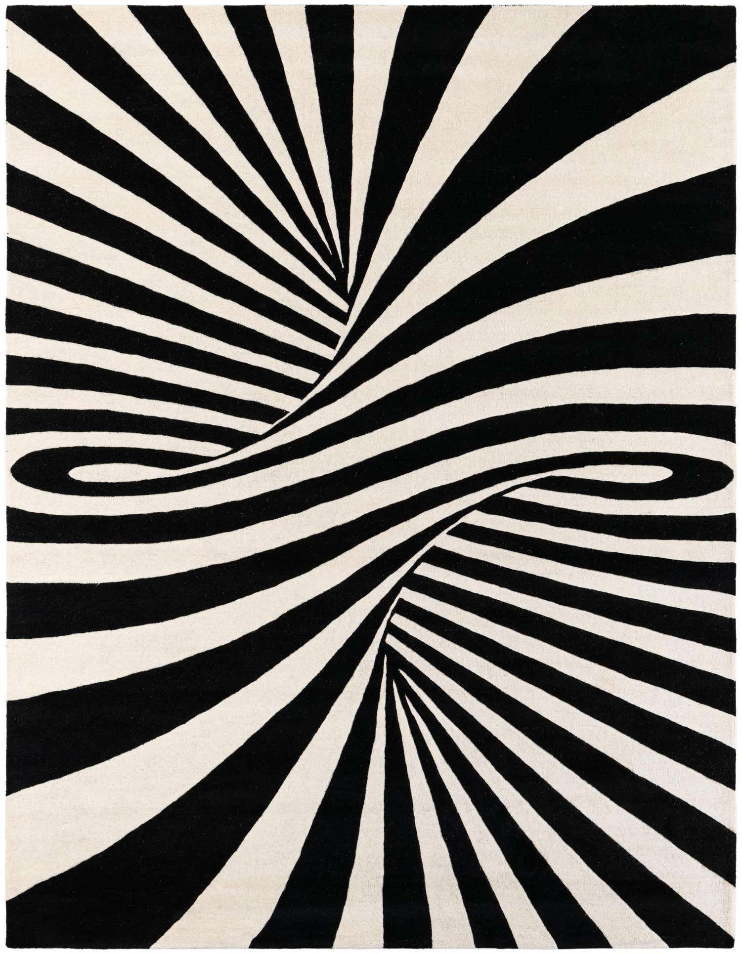 A 9x12 rectangular Rugs.com Vortex Wool rug with a striking black and white optical illusion pattern, ideal for a modern living room.