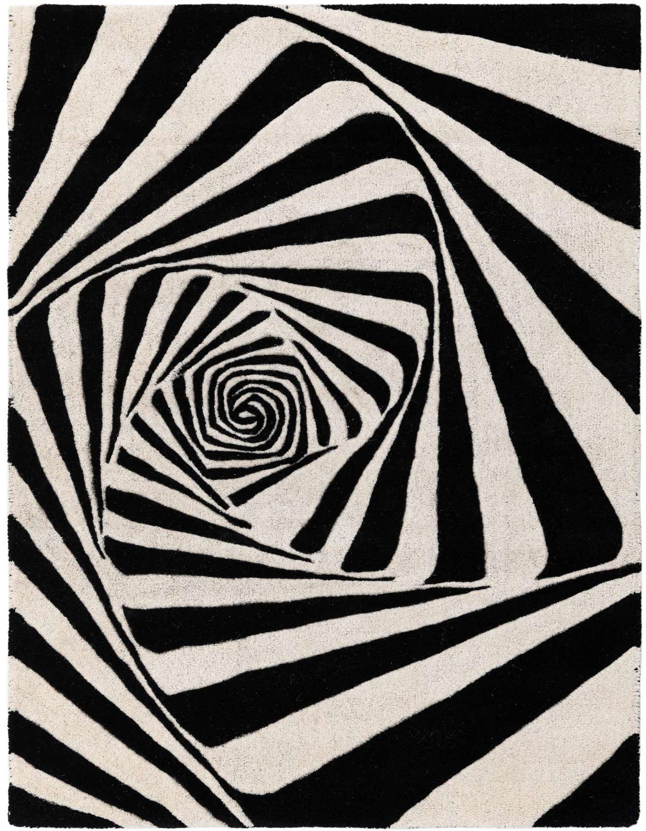 A 3x5 rectangular rug with a striking black and white optical illusion pattern, featuring a swirling vortex design.