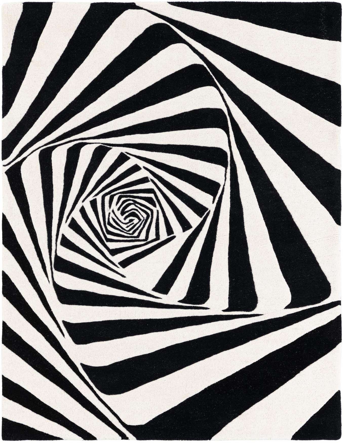 A 4x6 rectangular rug with a striking black and white optical illusion pattern, featuring a swirling vortex design.