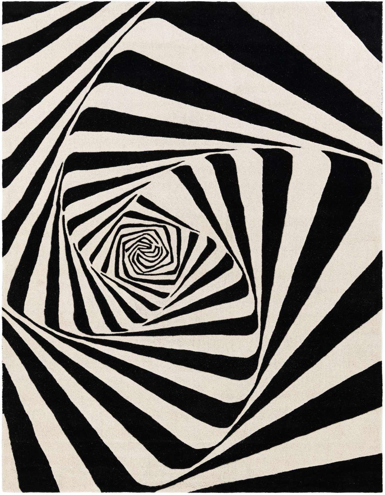 A 6x9 rectangular black and white wool rug with a mesmerizing optical illusion vortex pattern, ideal for a modern living room.