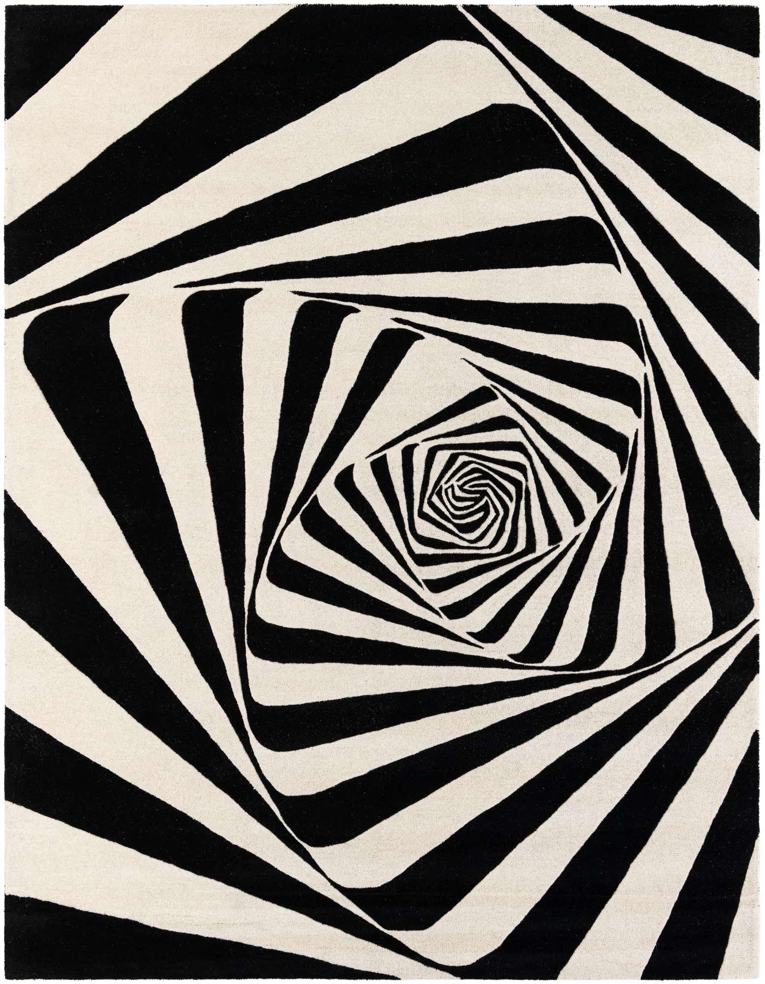 A rectangular 8x10 black and white wool rug with a mesmerizing optical illusion vortex pattern, ideal for a modern living room.