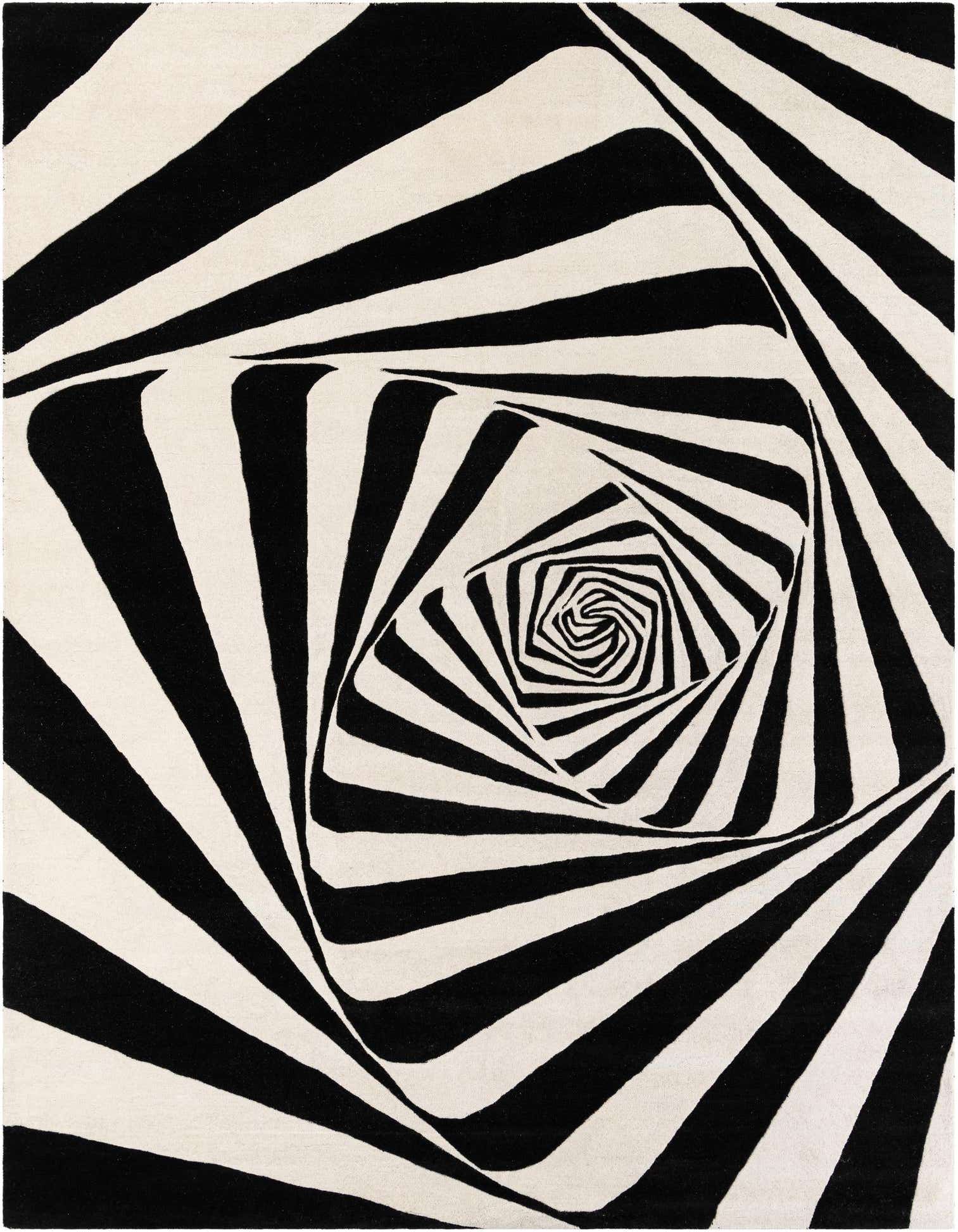 A 9x12 rectangular black and white modern wool rug featuring a mesmerizing optical illusion vortex pattern.