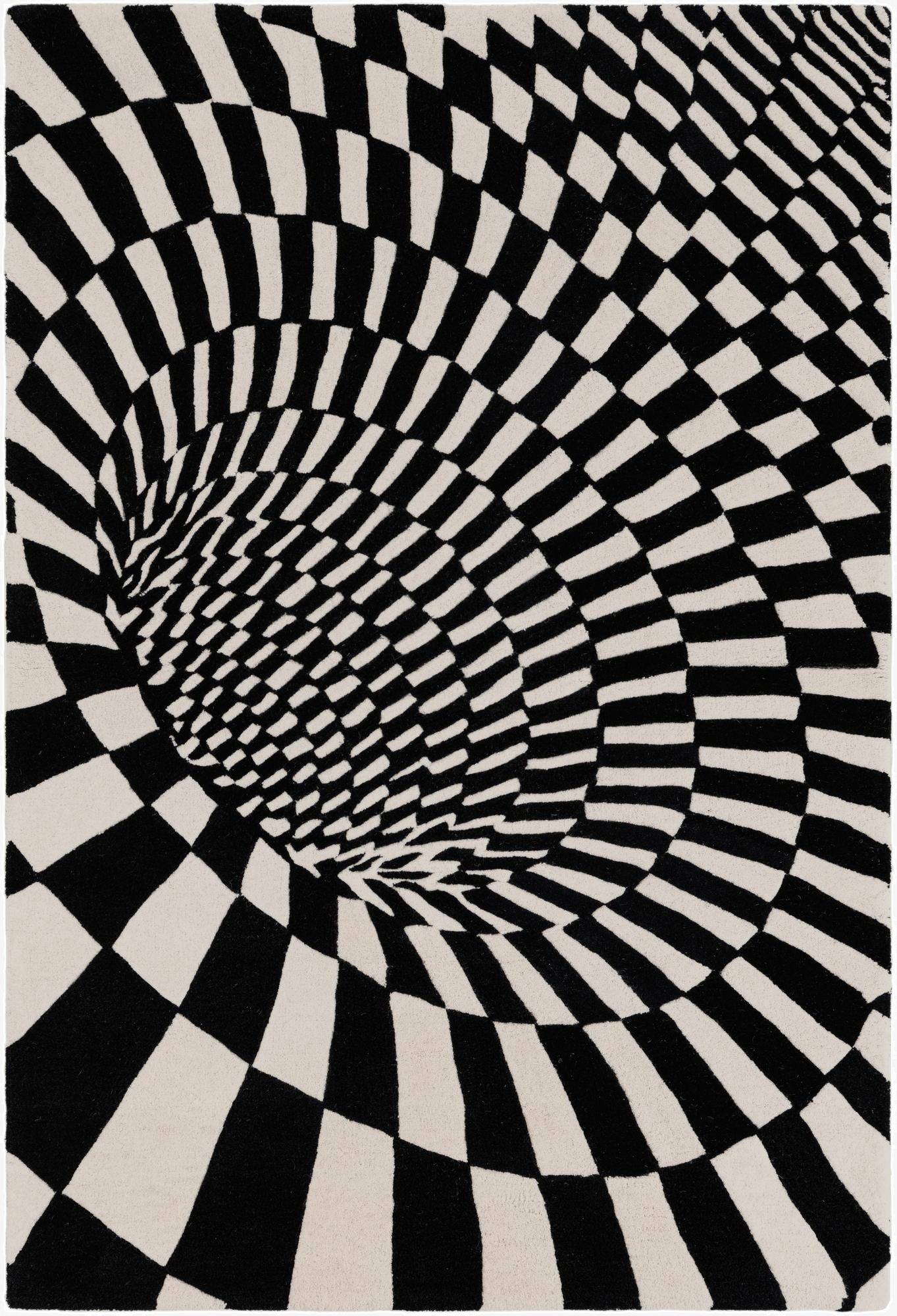 A 4x6 rectangular black and white wool rug with an optical illusion vortex pattern, creating a modern, abstract look.
