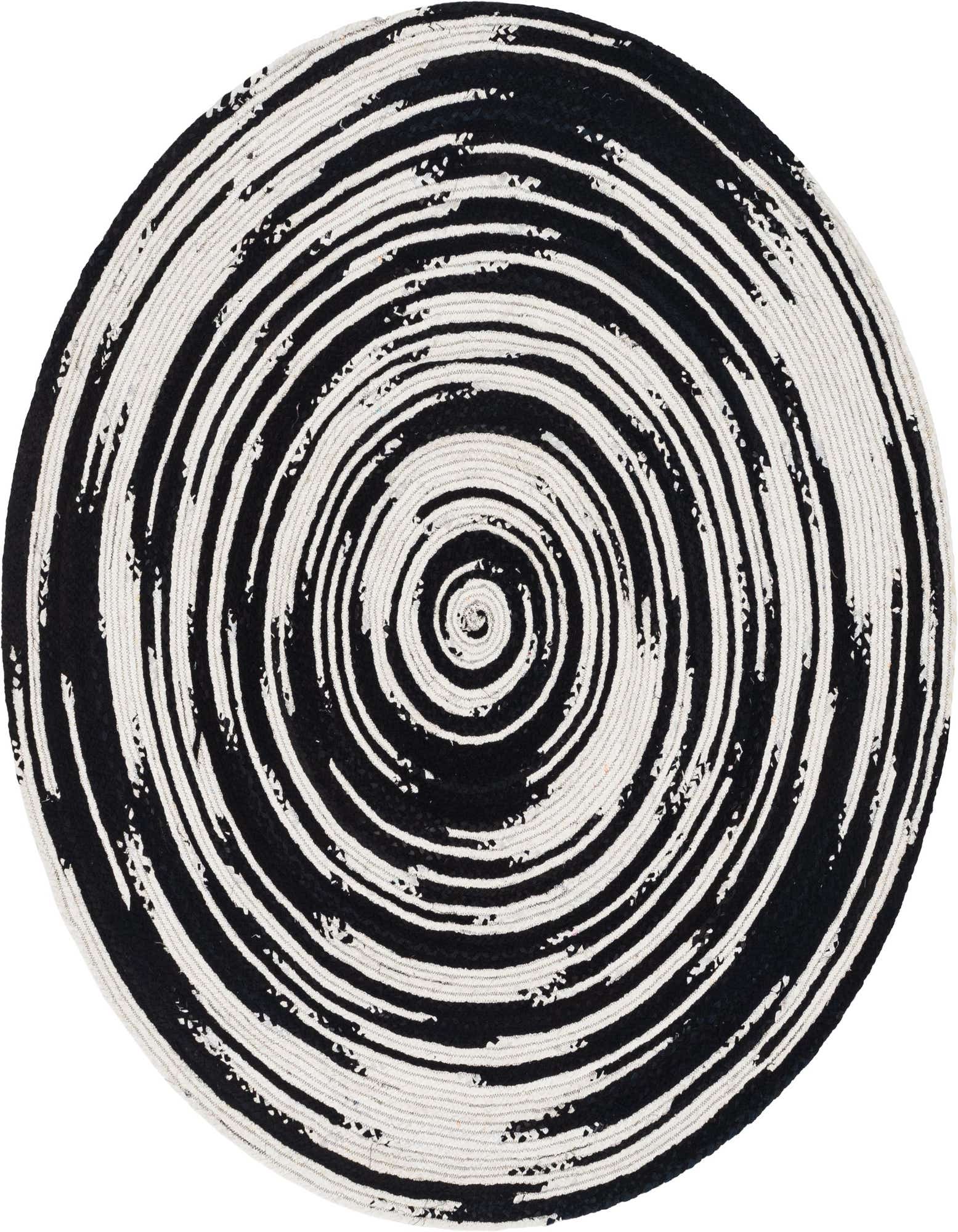 A round 8' black and white braided chindi rug with an abstract, concentric spiral pattern, ideal for an indoor living space.