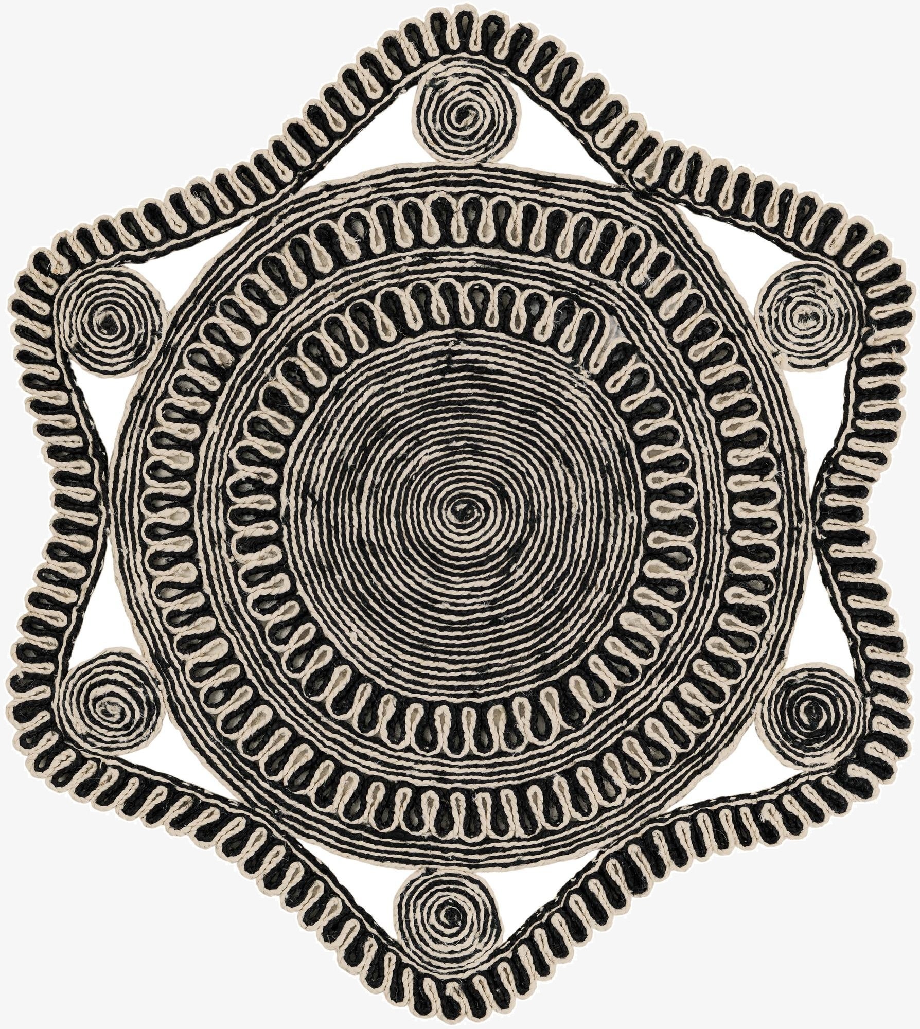 A 4'1" round black and ivory jute rug with a modern striped and braided pattern, featuring a central spiral and six outer points.