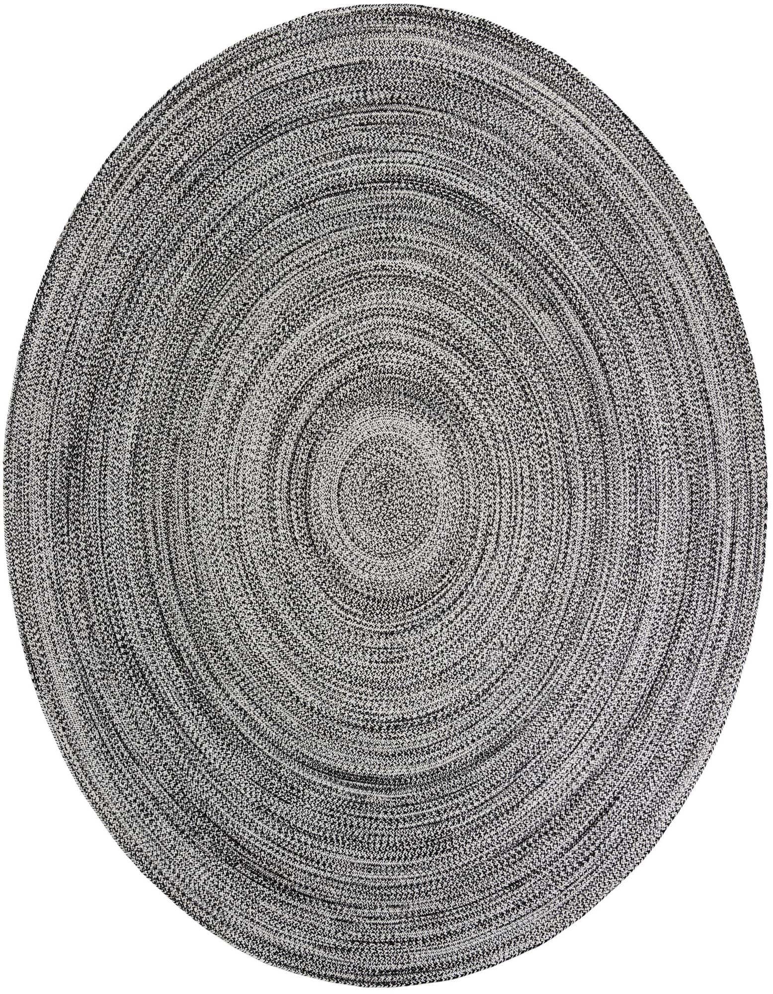 A 10-foot round Eco Verse rug featuring a modern black and white braided stripe pattern, suitable for indoor or outdoor use.