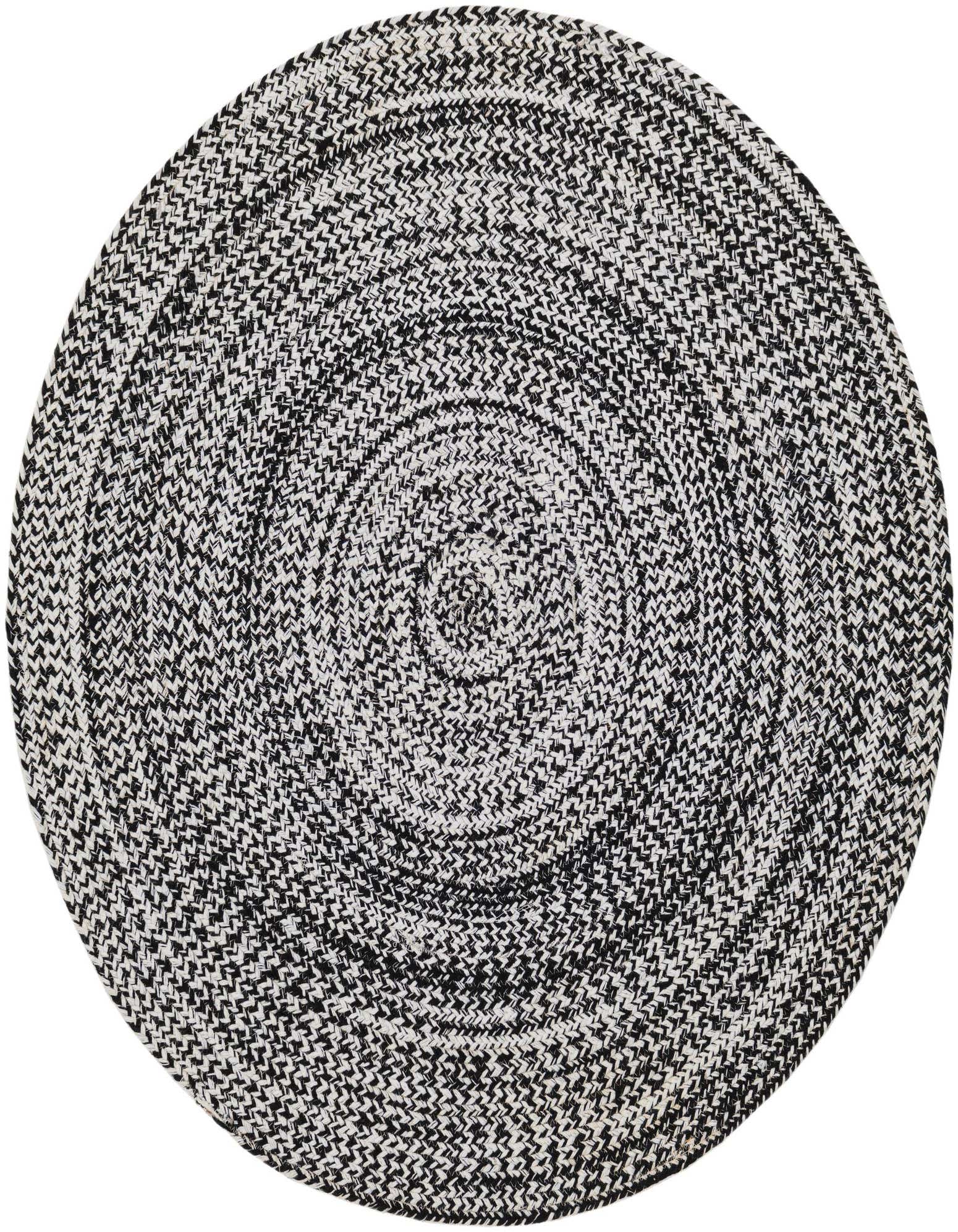 A 3' 3 round black and white braided rug with a subtle stripe pattern, suitable for indoor or outdoor use.