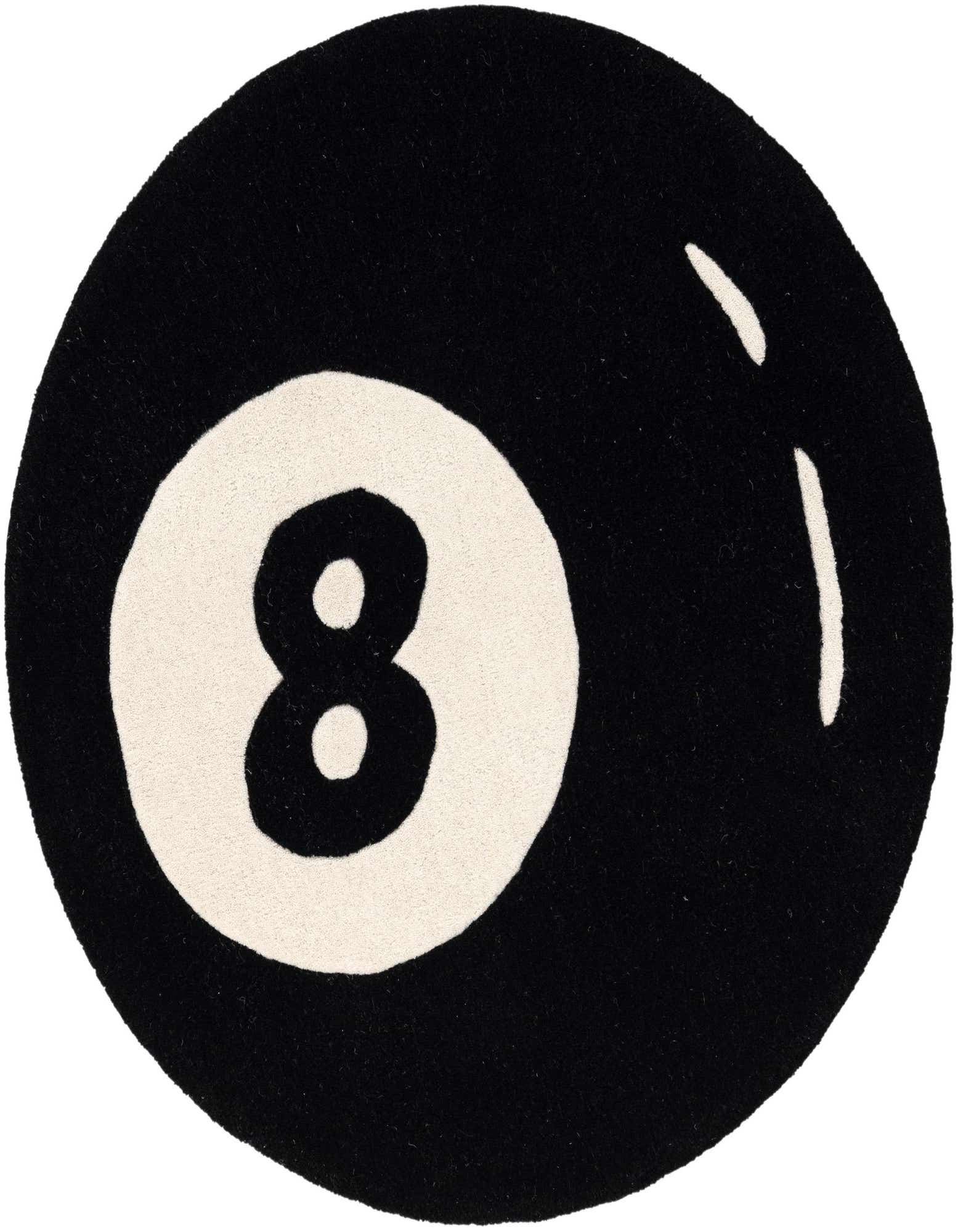 A round black wool rug featuring a large white circle with a black number '8' in the center, resembling an 8-ball.
