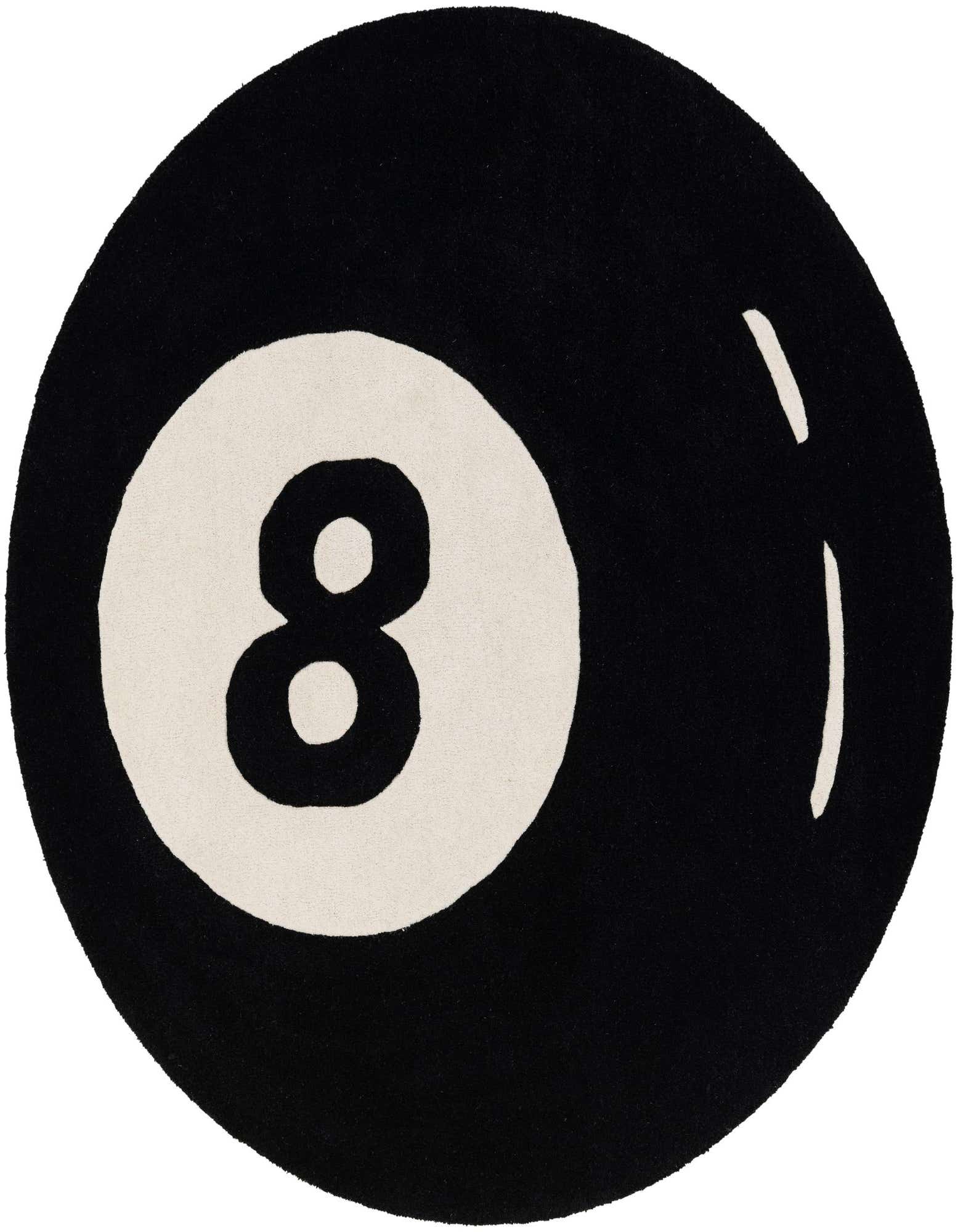A round black rug featuring a large white circle with a black number 8, resembling a billiard 8-ball.