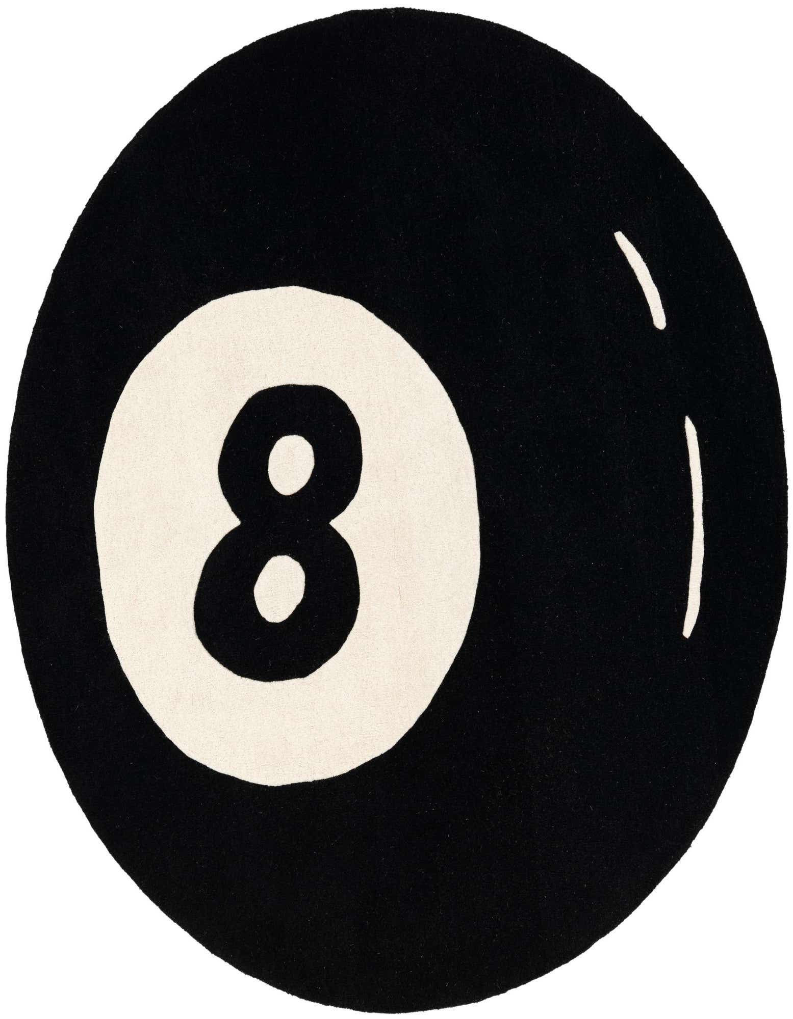 A round black area rug featuring a large white circle with the number 8, resembling a billiard ball.