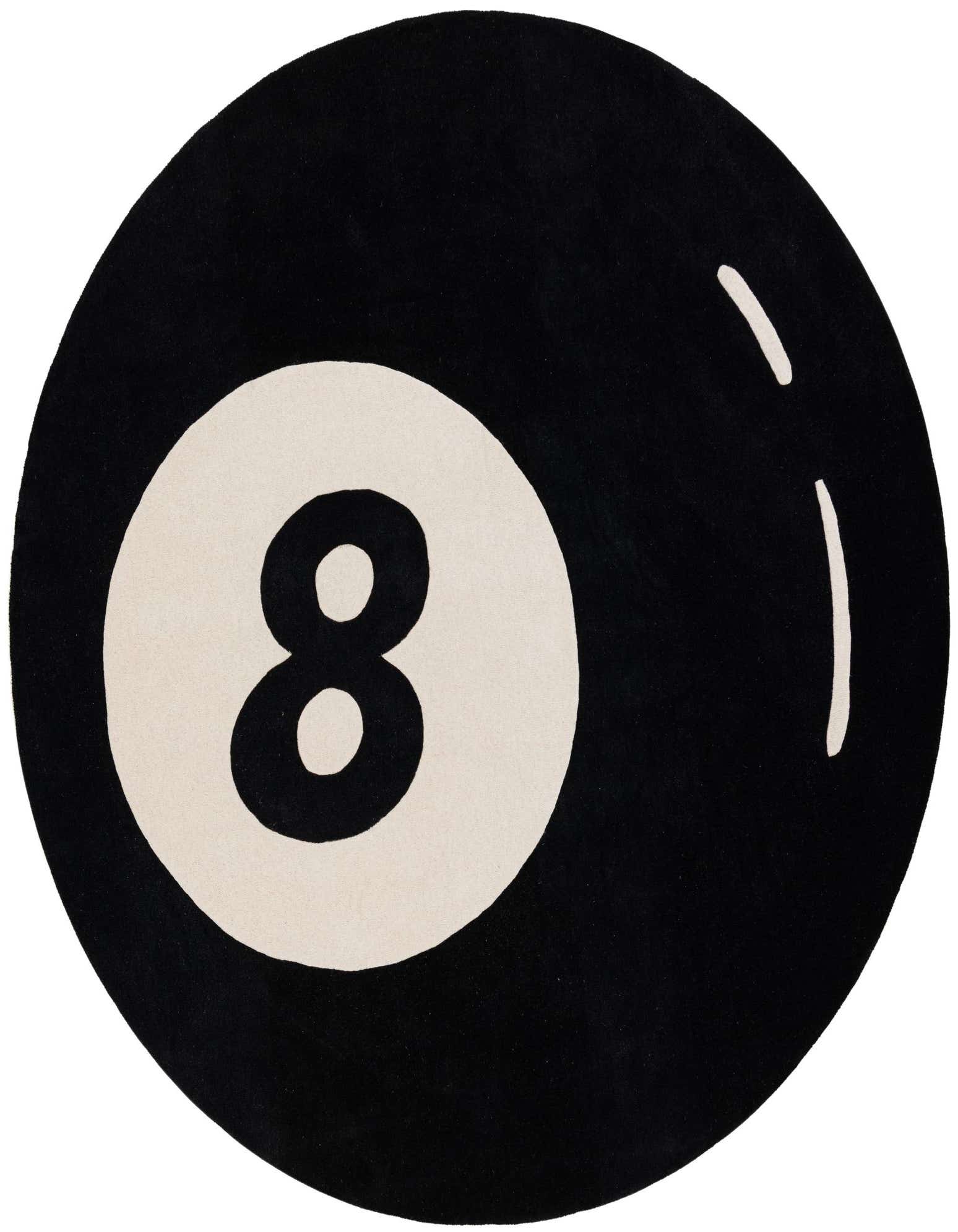 A round black area rug featuring a large white circle with a bold black number '8' in the center, resembling an 8-ball.