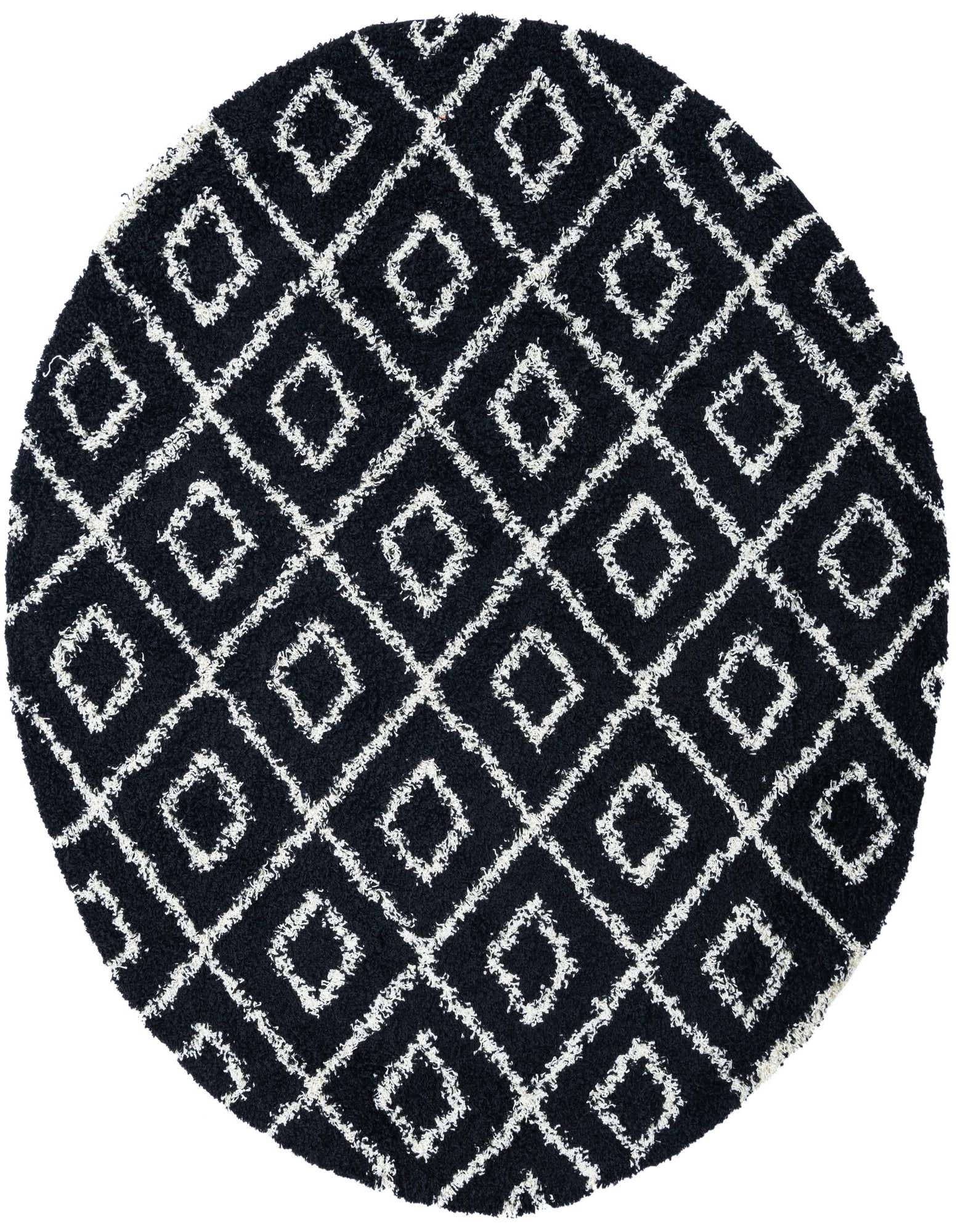 A round 7' 10 x 7' 10 black and white modern shag rug with a textured diamond lattice pattern.