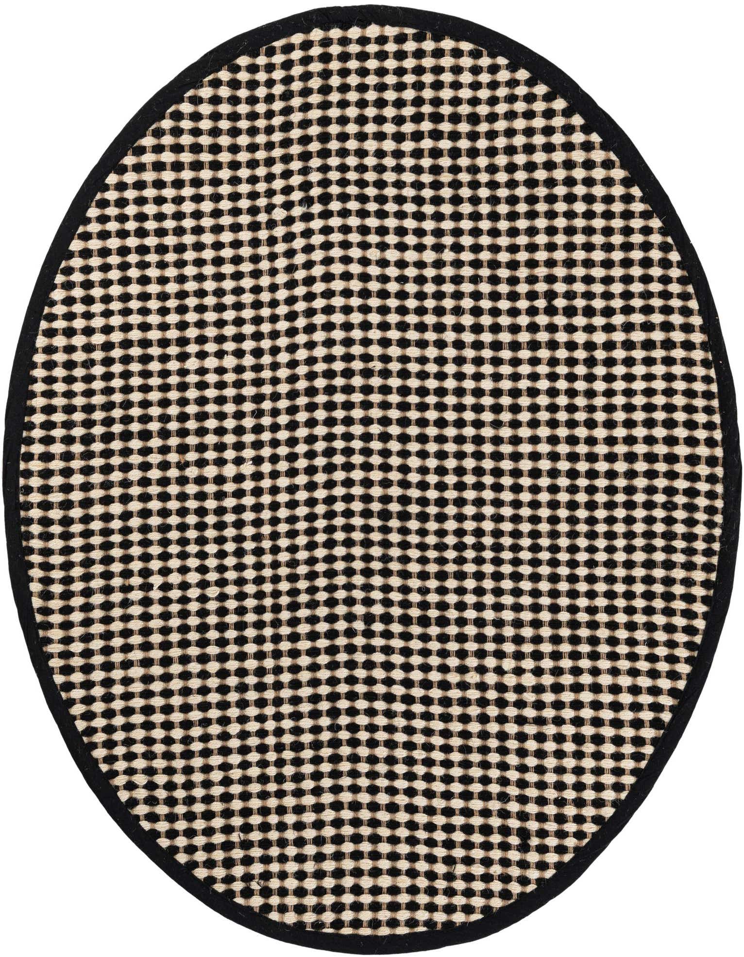 A 3' 1 x 3' 1 round black and ivory jute rug with a modern dotted pattern and black border.