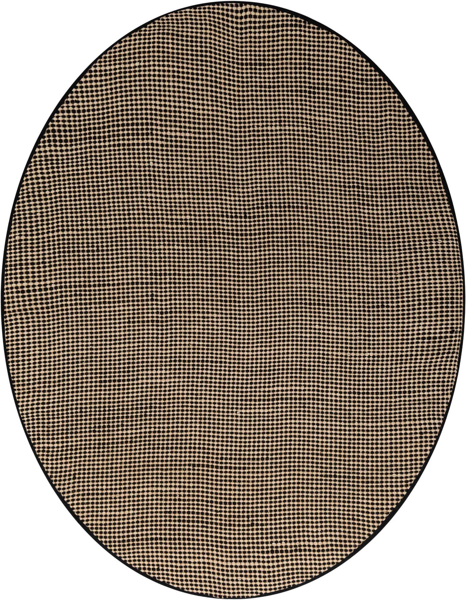 A round 7' 10" black and ivory jute rug with a modern dotted pattern, suitable for various indoor spaces.