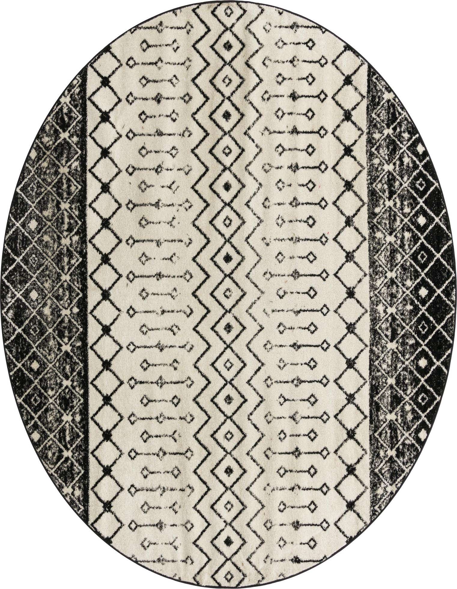 A 10-foot round black and white Moroccan Trellis rug with a tribal geometric pattern, featuring a central ivory field with black diamond and dash motifs, flanked by wide black borders with a repeating diamond pattern.