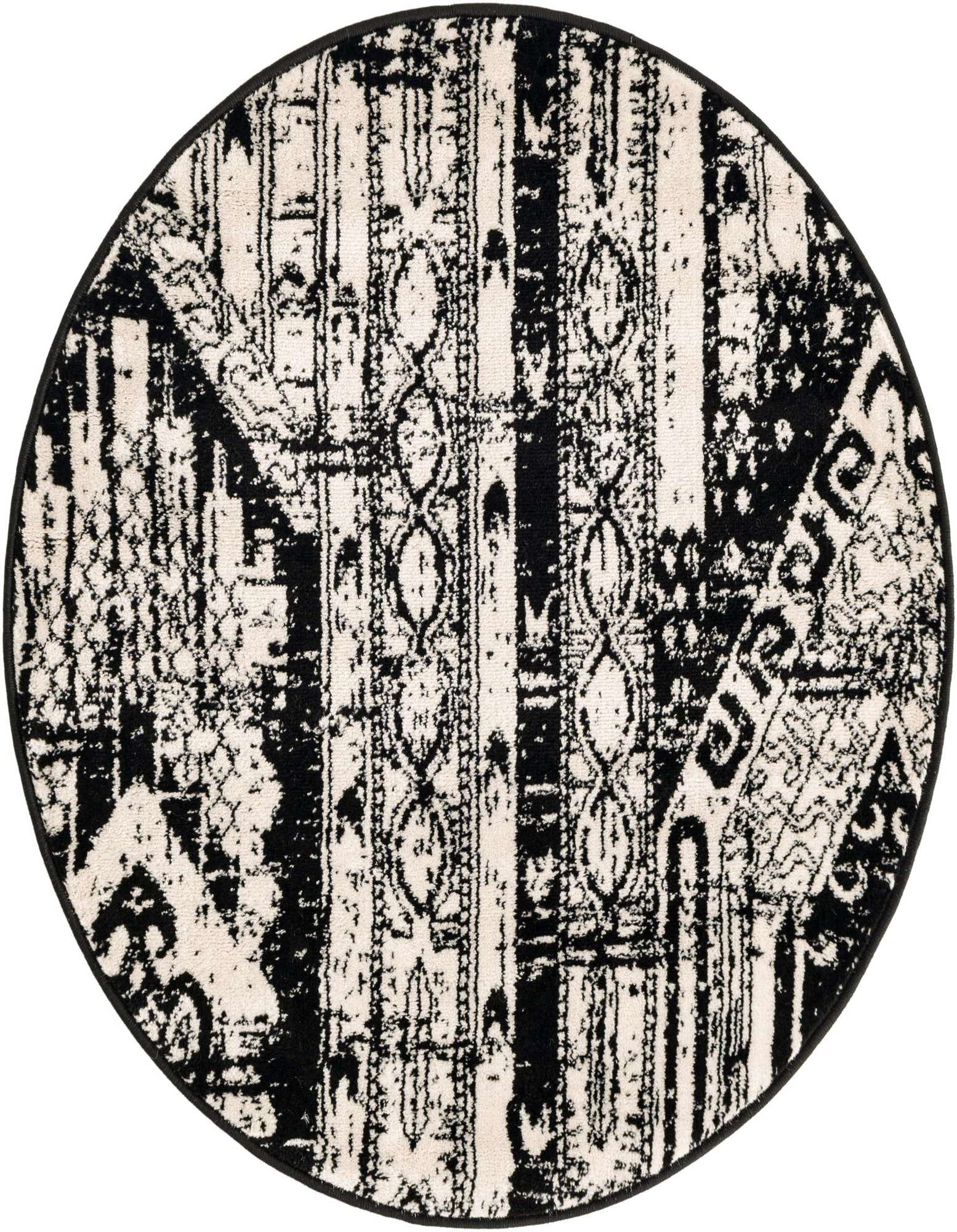 A 3' round black and white bohemian rug from the Rugs.com Oregon Collection, featuring a distressed tribal stripe pattern.