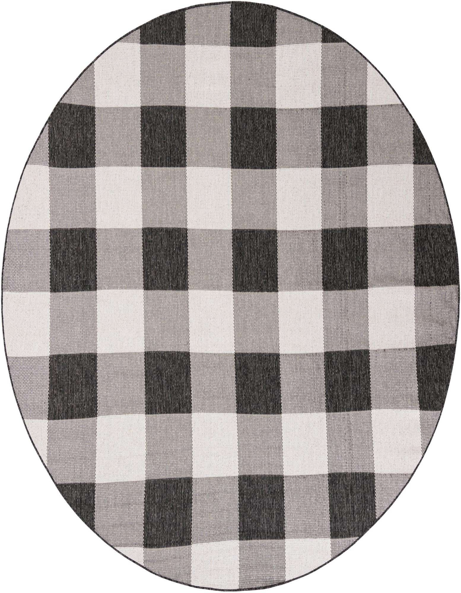 A 7' 10 round black and white checkered rug with a flatweave texture, suitable for indoor or outdoor spaces.